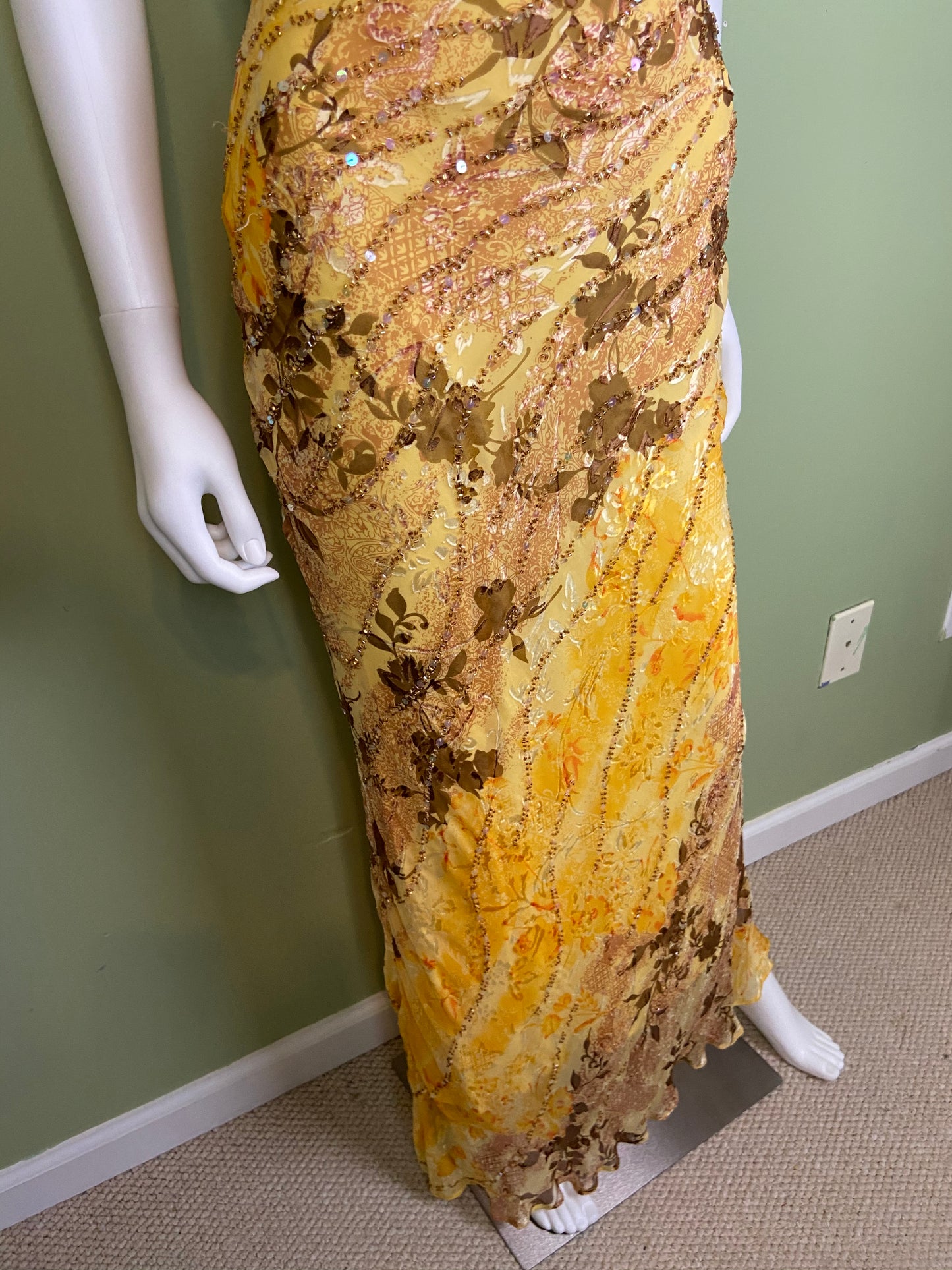 [SOLD] Ethereal Floral Festival Beaded Sequin Yellow Silk Maxi Dress