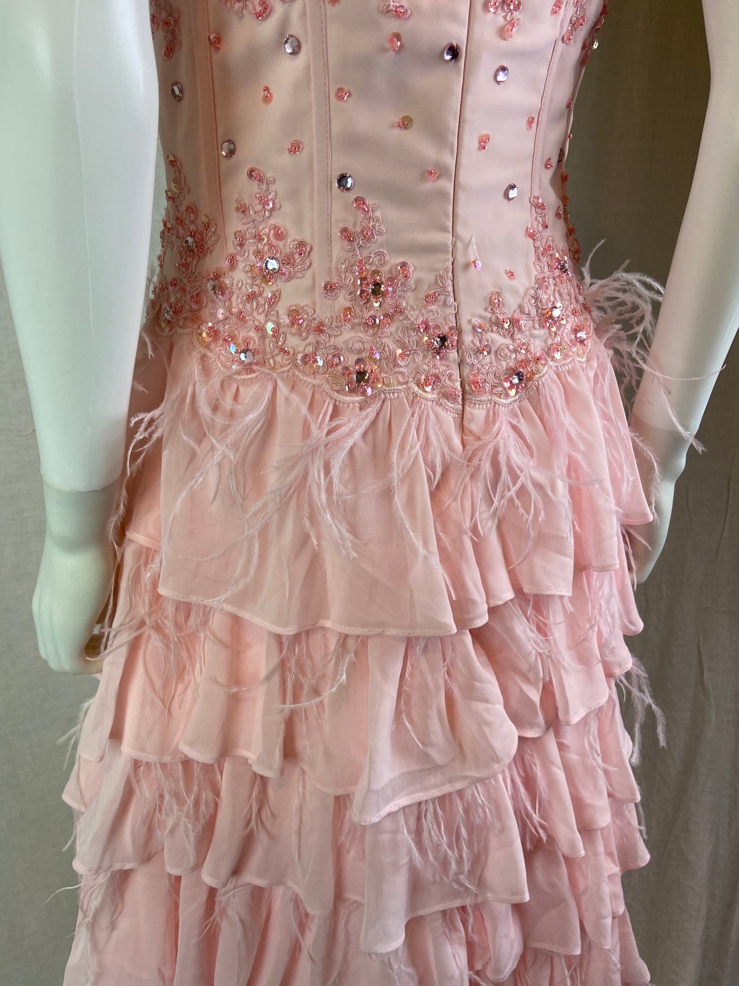 Pink Bustier Rhinestone Feather Boa Ruffle Gown