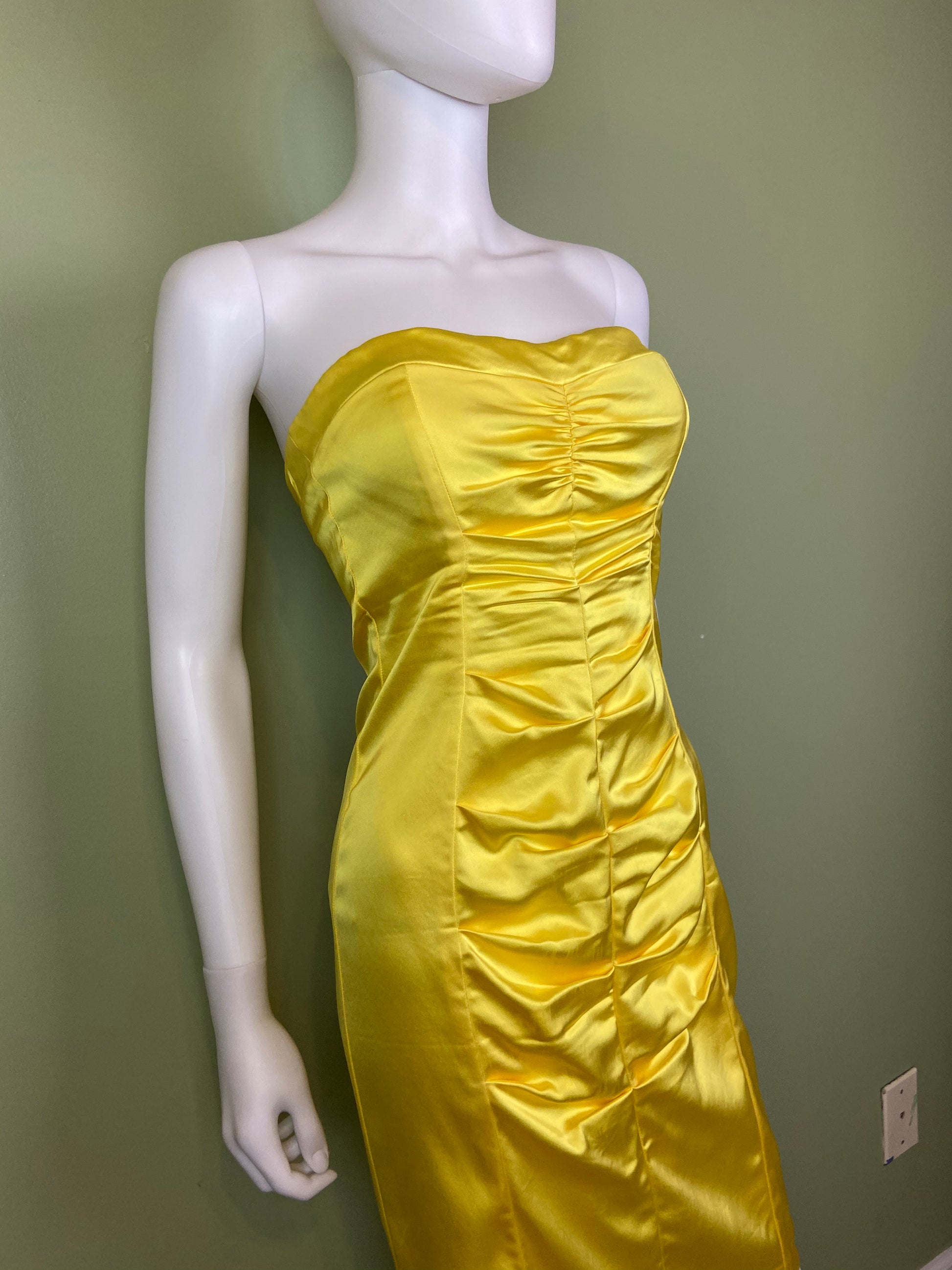 Cache Yellow Stretch Satin Ruche Corset Dress Abby Essie