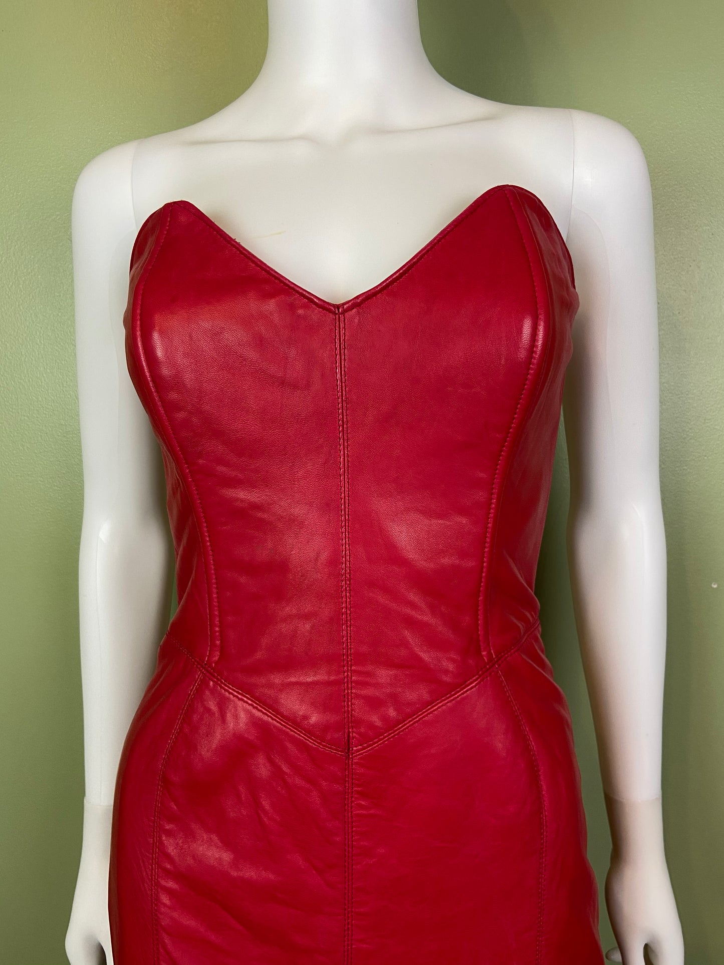 [SOLD] Vintage Michael Hoban Red Leather Bustier Ruffle Mini Dress