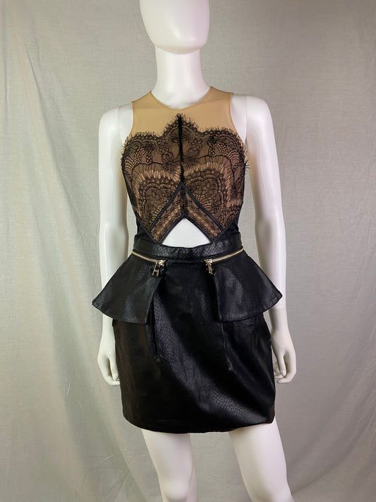 Three Floor Black Beige Lace Leather Peplum Mini Dress ABBY ESSIE STUDIOS