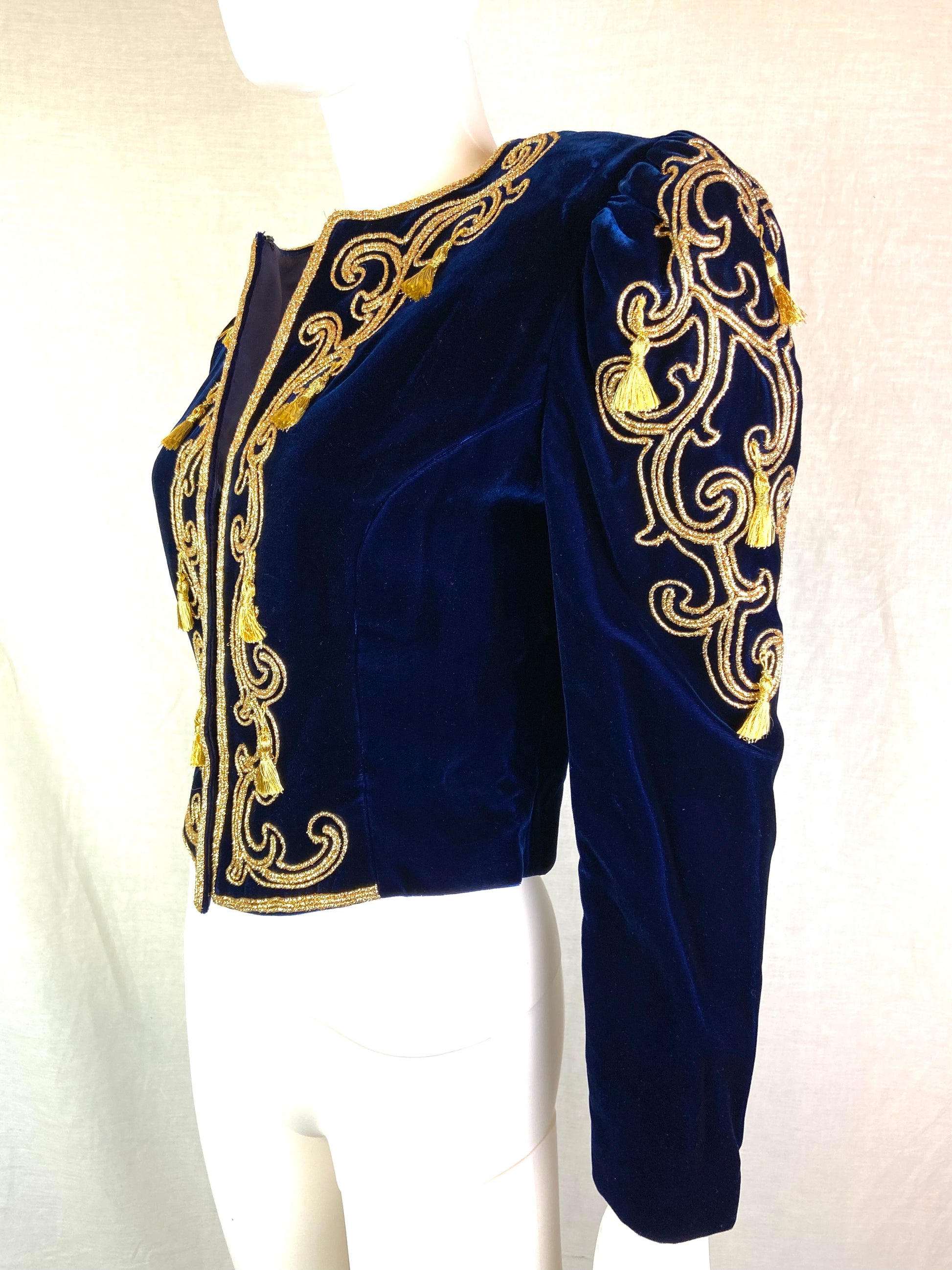 Farinae Navy Blue Velvet Gold Baroque Blazer Jacket ABBY ESSIE STUDIOS