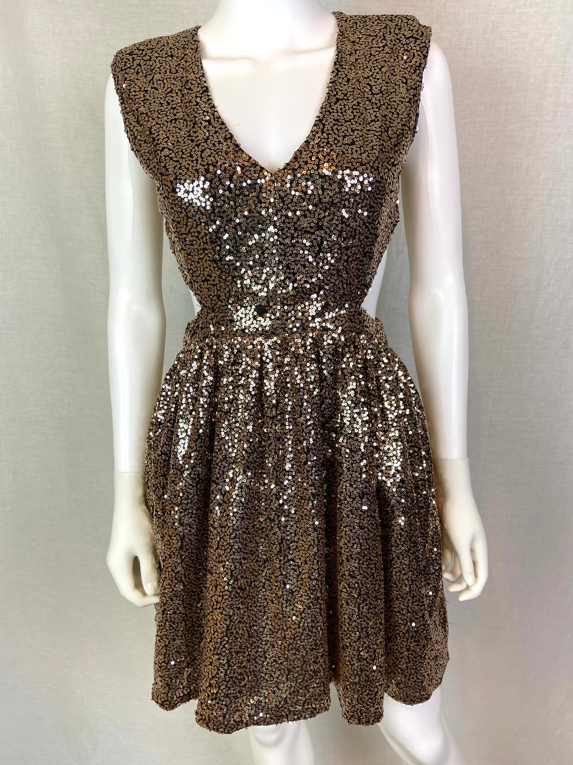 Gold Bronze Sequin Cut Out Dress ABBY ESSIE STUDIOS