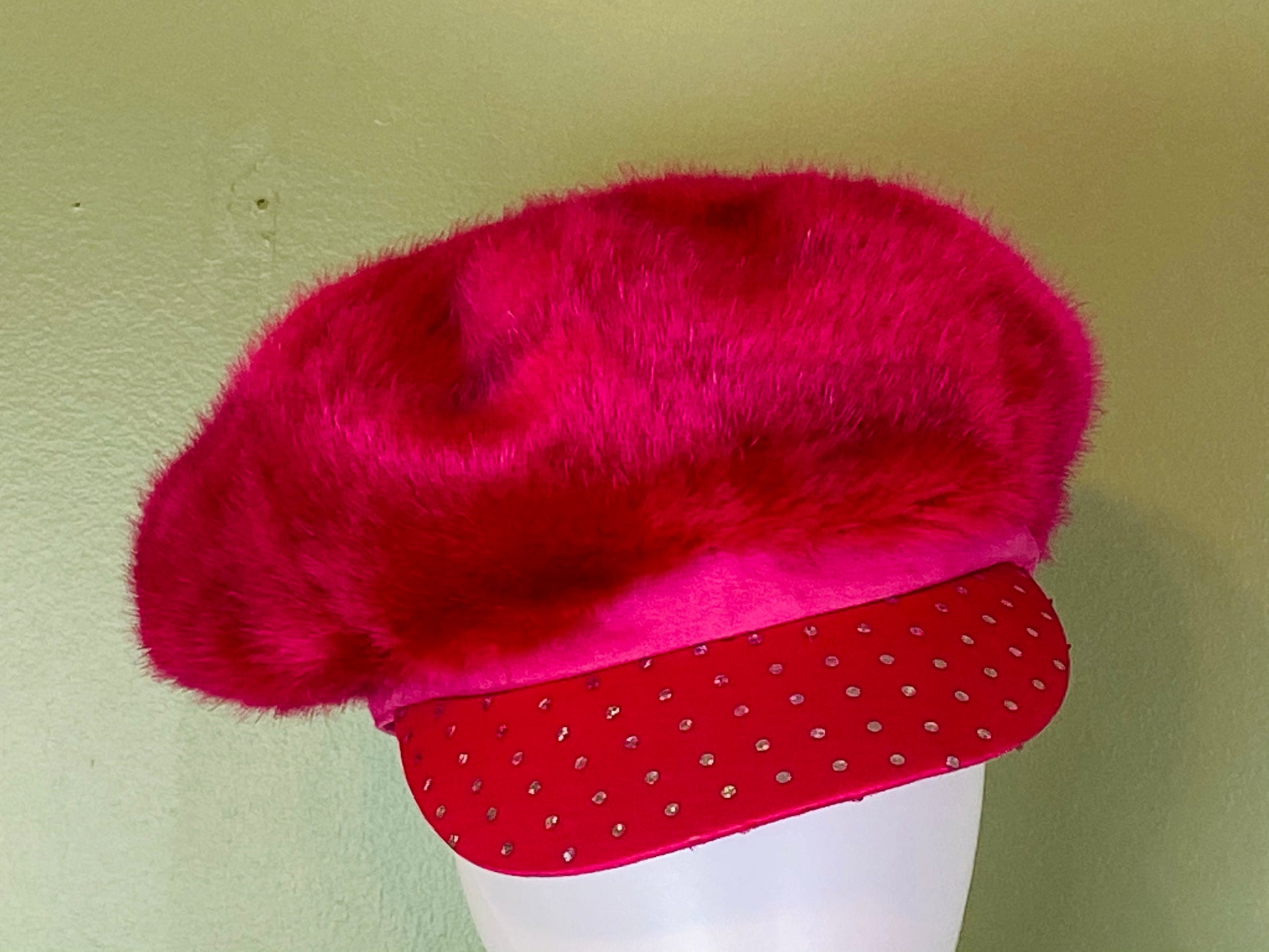 Hot Pink Faux Fur Bejeweled Rhinestone Cap Hat ABBY ESSIE Designer & Vintage