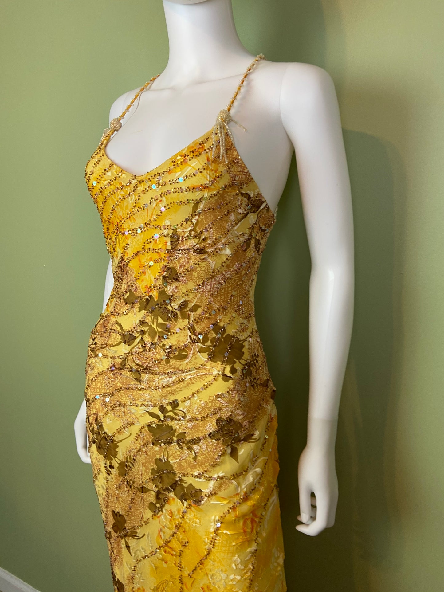 [SOLD] Ethereal Floral Festival Beaded Sequin Yellow Silk Maxi Dress