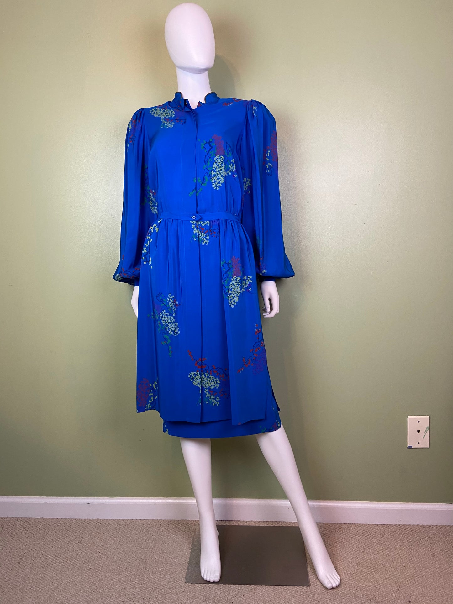 LANVIN Vintage Floral Royal Blue Silk Dress with Skirt Abby Essie