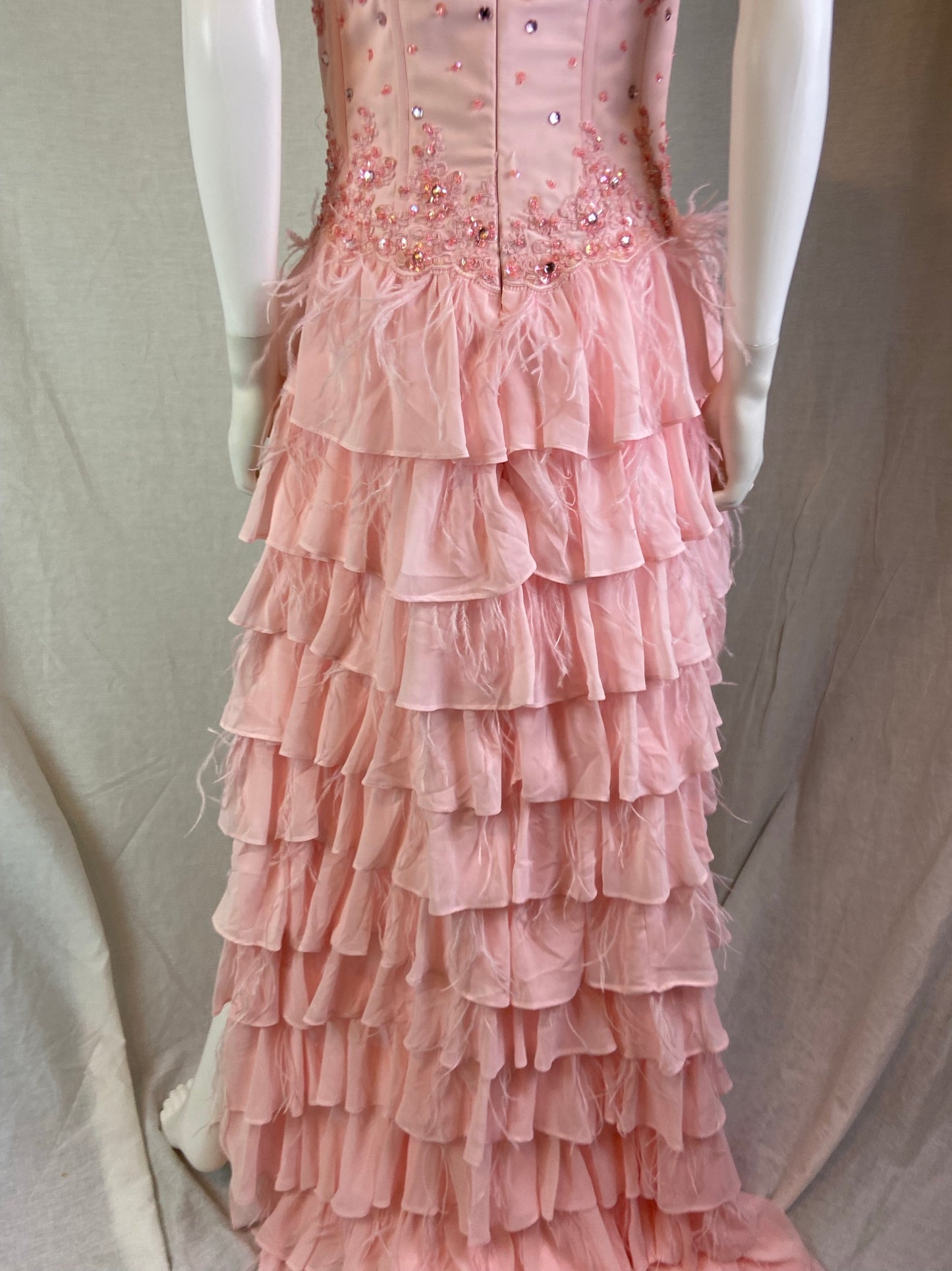 Pink Bustier Rhinestone Feather Boa Ruffle Gown