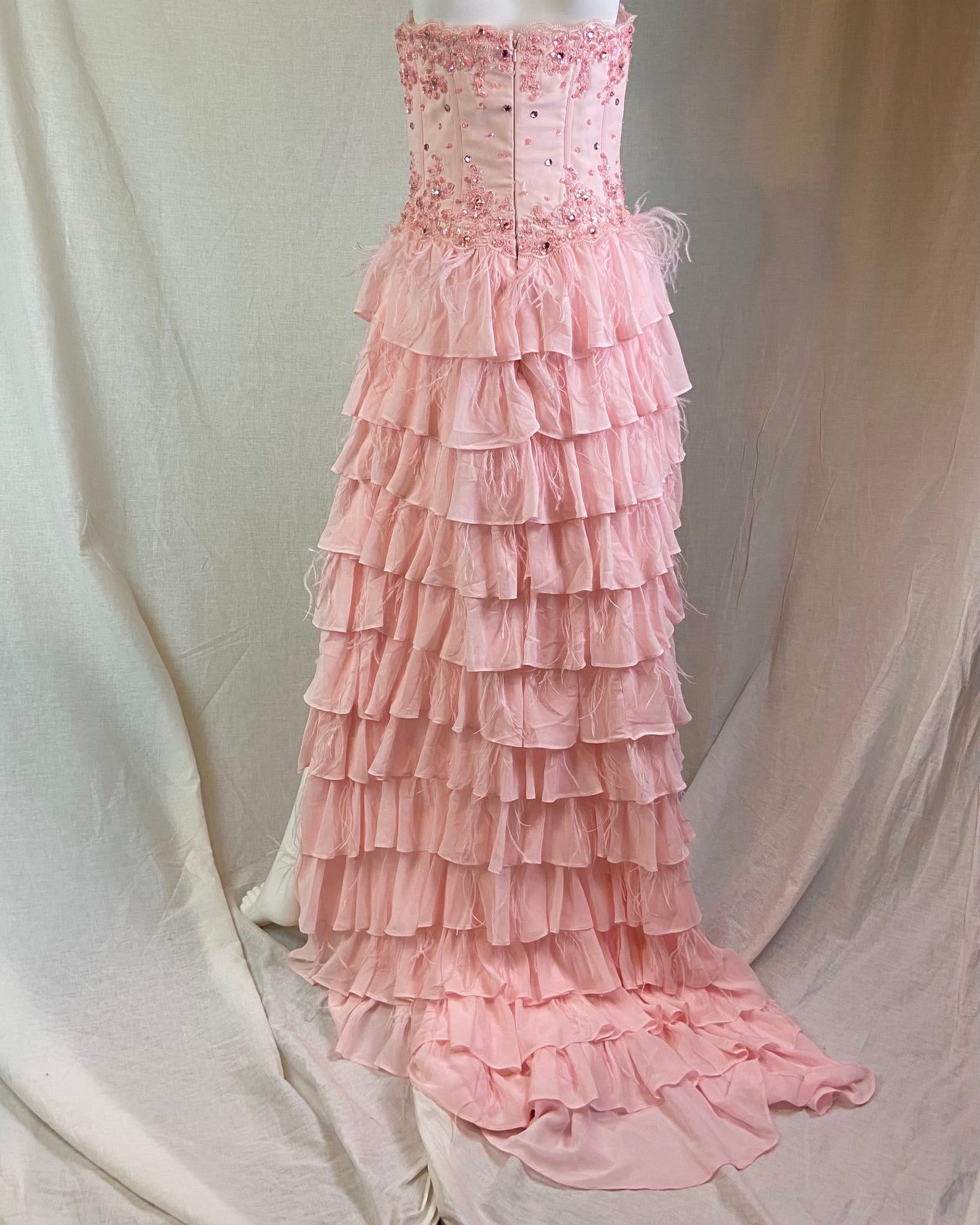 Pink Bustier Rhinestone Feather Boa Ruffle Gown