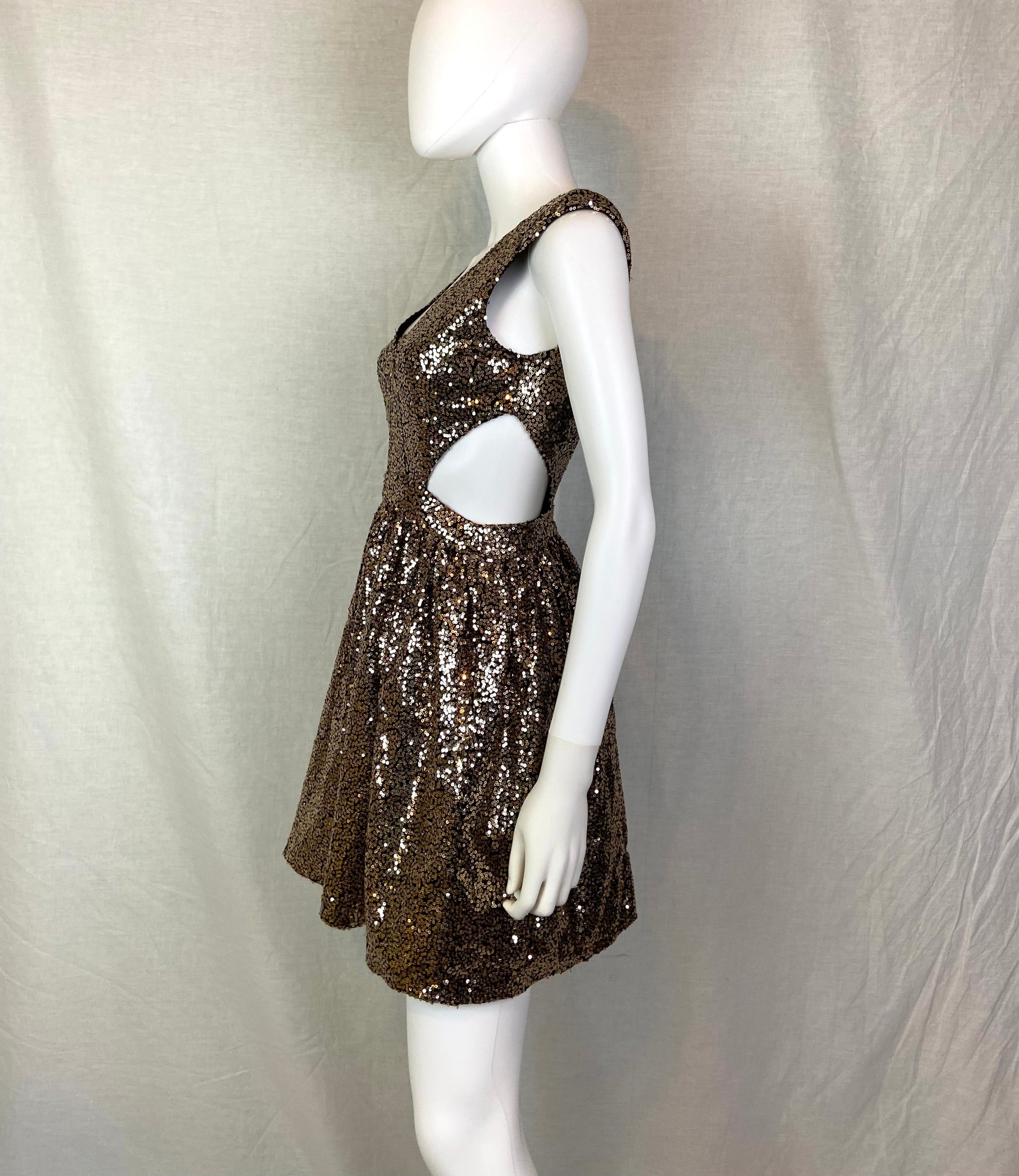 Gold Bronze Sequin Cut Out Dress ABBY ESSIE STUDIOS