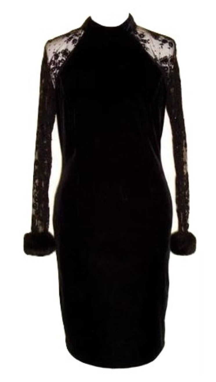 Vintage Black Velvet Lace Sequin Fur Cuffs Dress