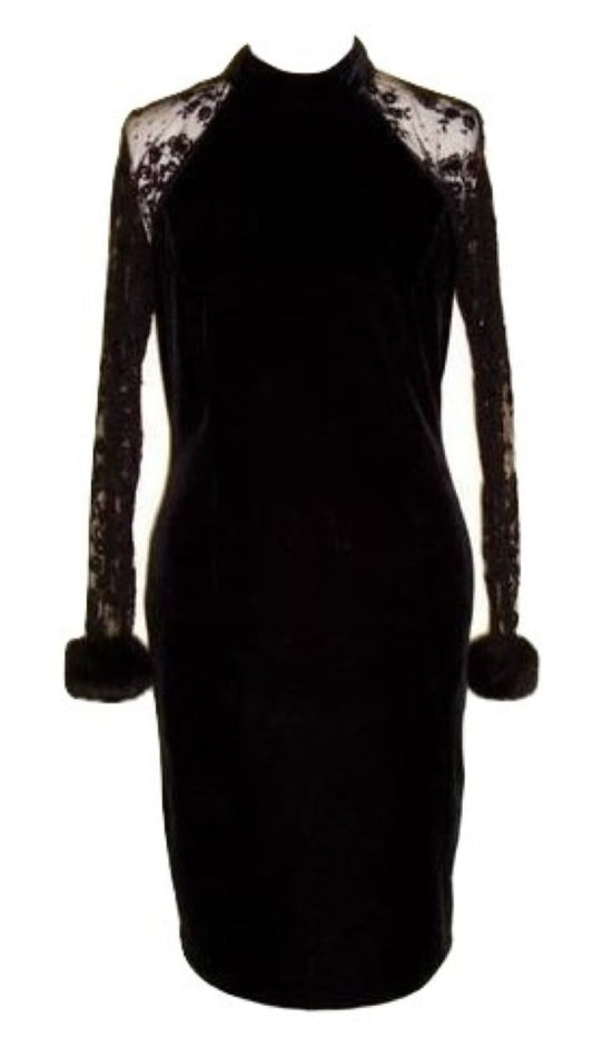 Vintage Black Velvet Lace Sequin Fur Cuffs Dress Abby Essie