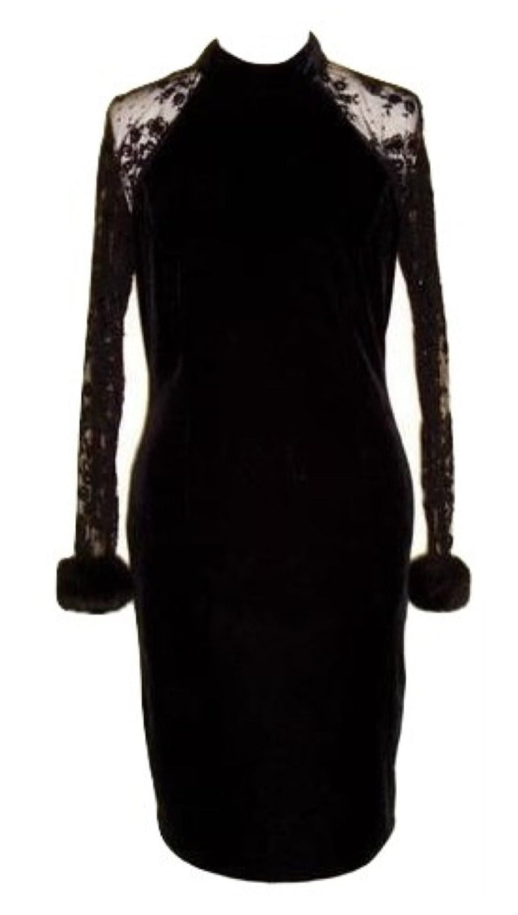 Vintage Black Velvet Lace Sequin Fur Cuffs Dress Abby Essie