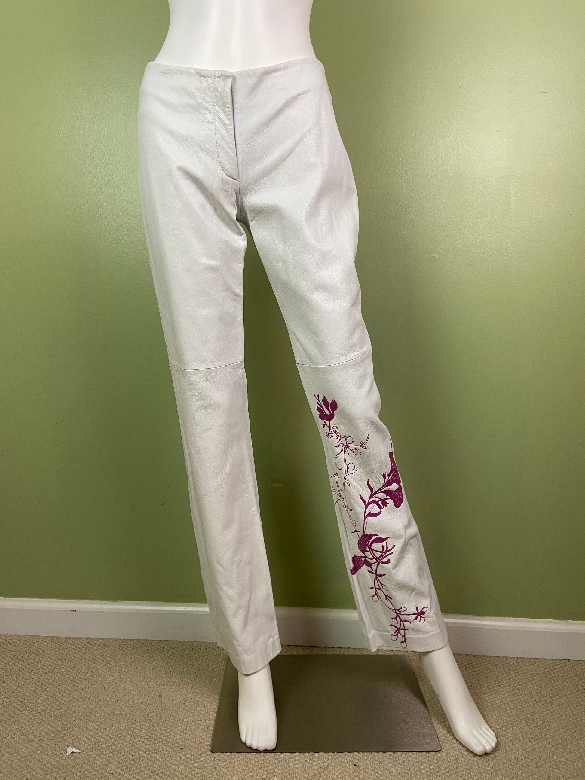 Vintage White Lambskin Leather Pink Graphic Print Pants Abby Essie