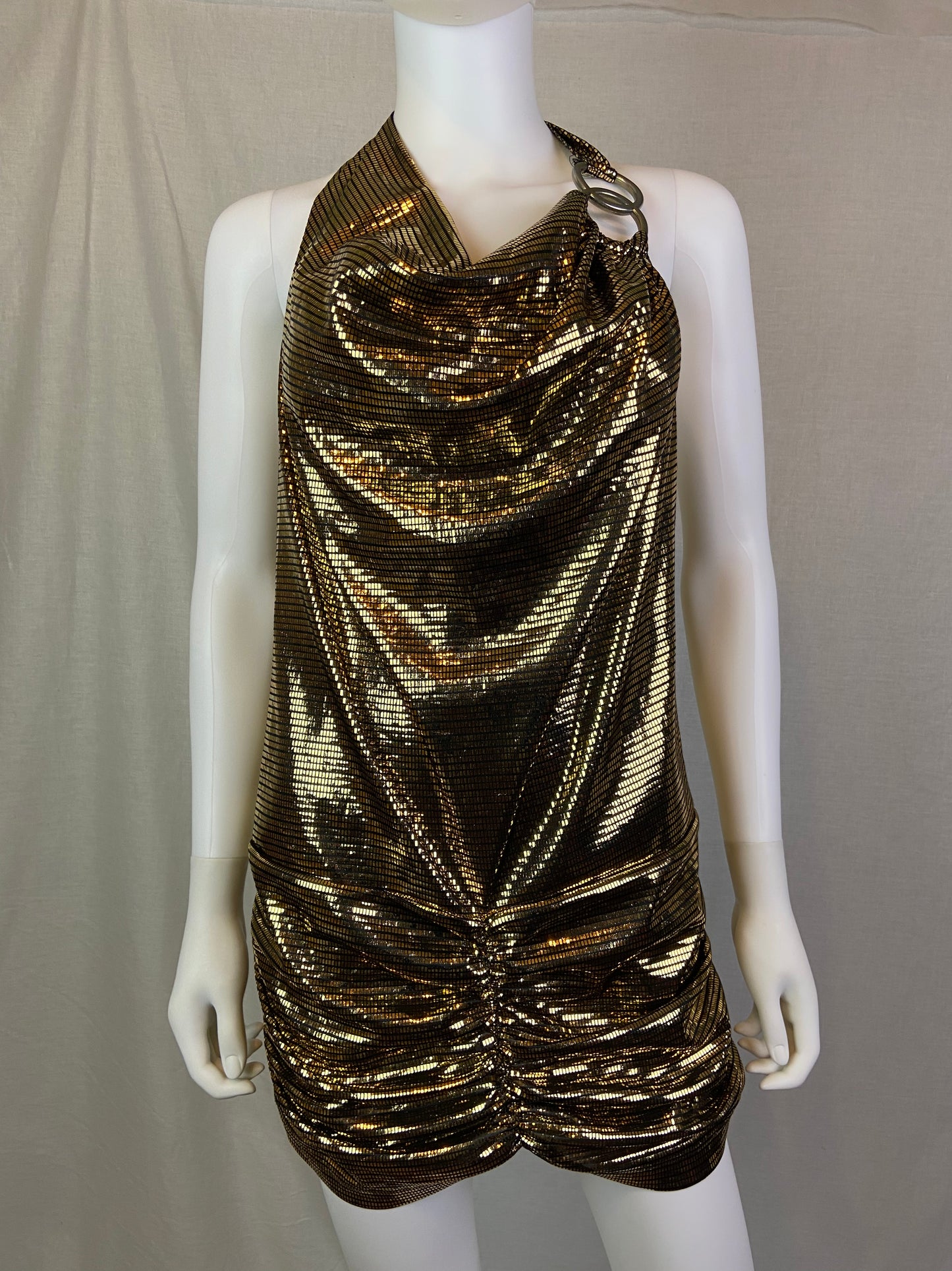 Vintage 80s Gold Lame Glitter Halter Ruche Cocktail Mini Dress