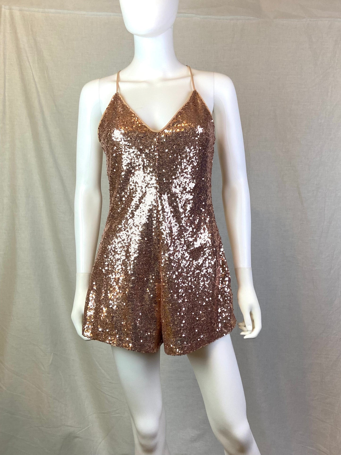 Forever 21 Champagne Gold Sequin Cocktail Shorts Romper ABBY ESSIE STUDIOS