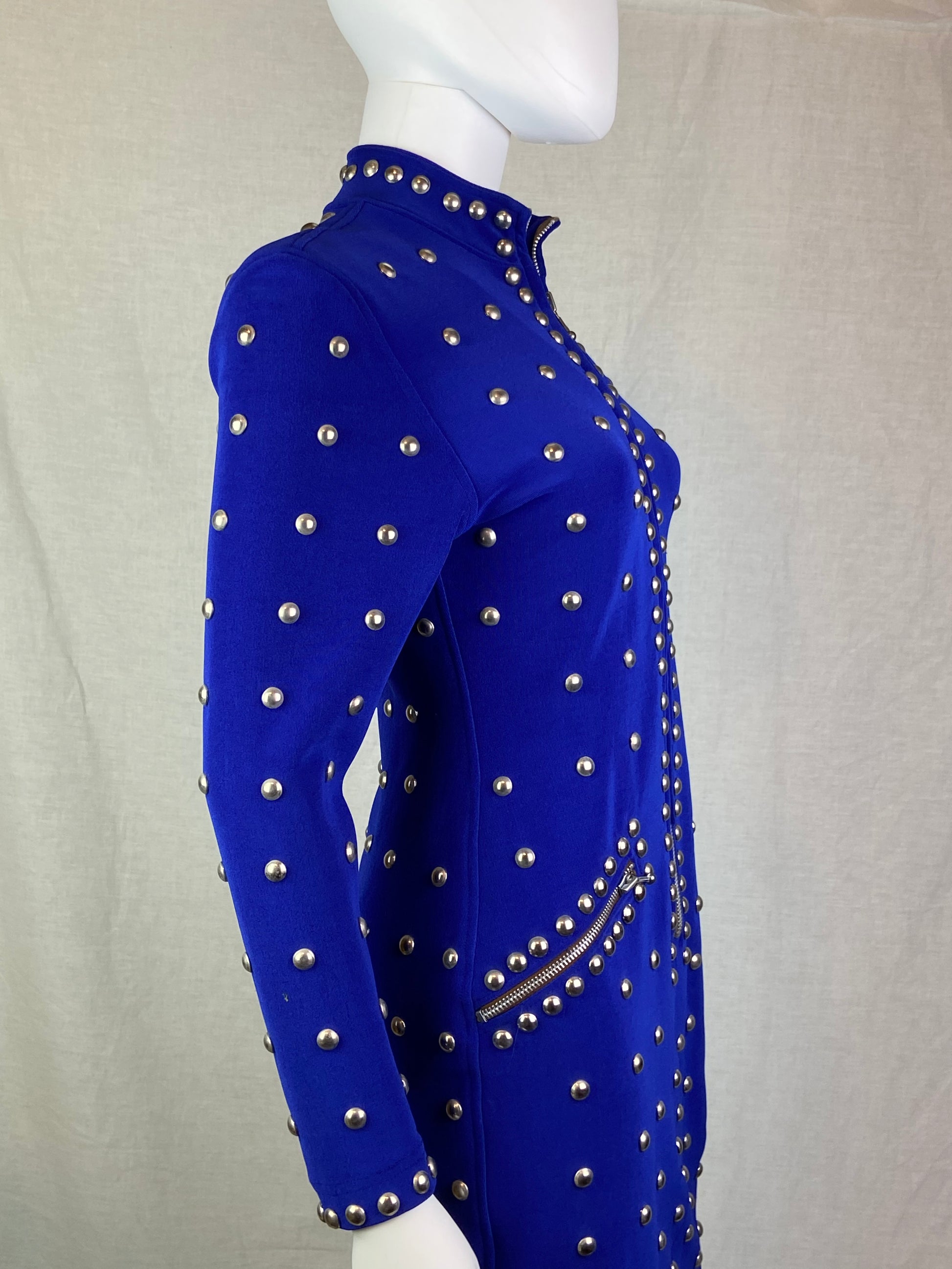 VINTAGE TADASHI ROYAL BLUE SILVER METAL STUDDED BODYCON DRESS ABBY ESSIE STUDIOS