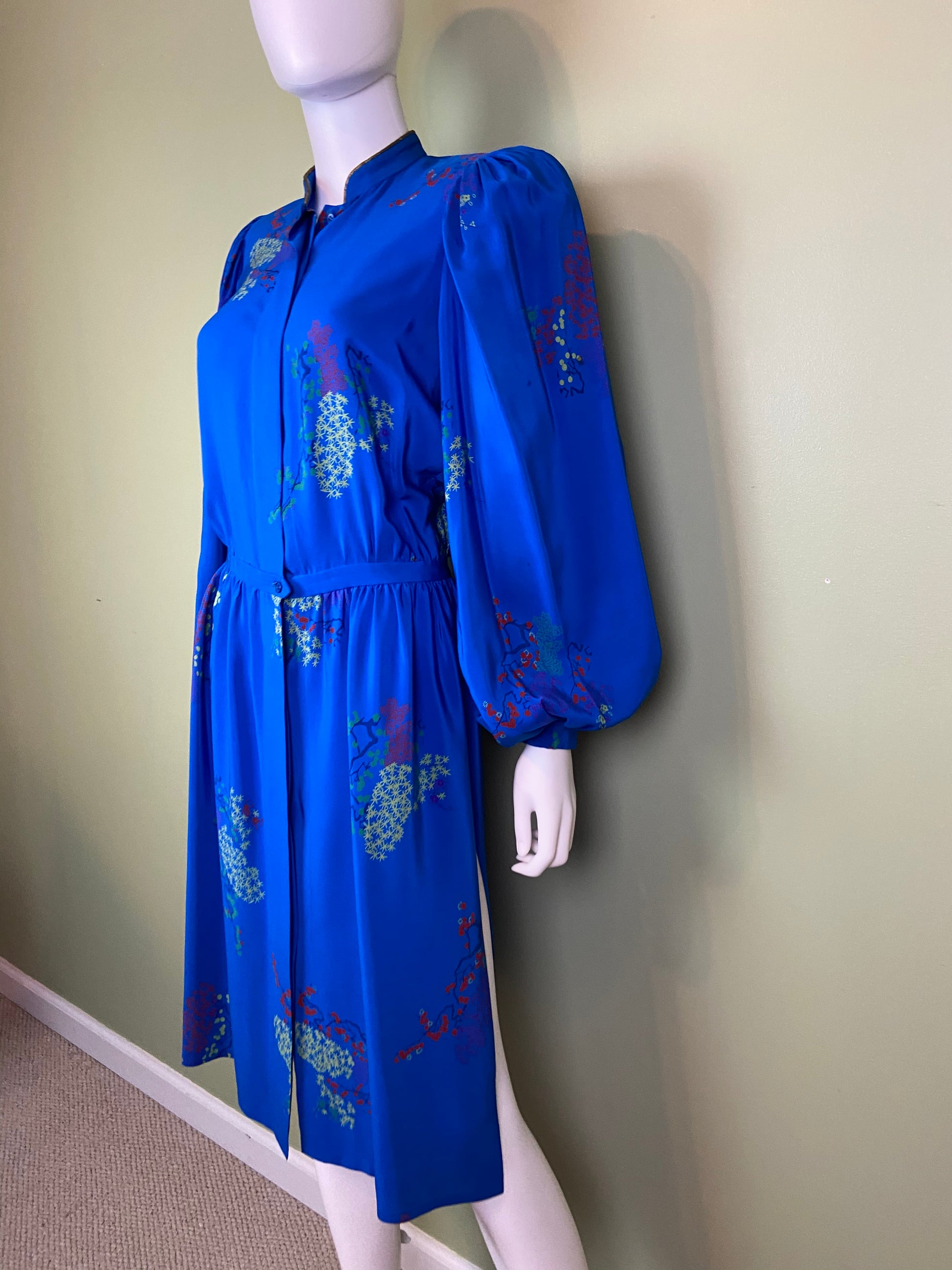 LANVIN Vintage Floral Royal Blue Silk Dress with Skirt Abby Essie