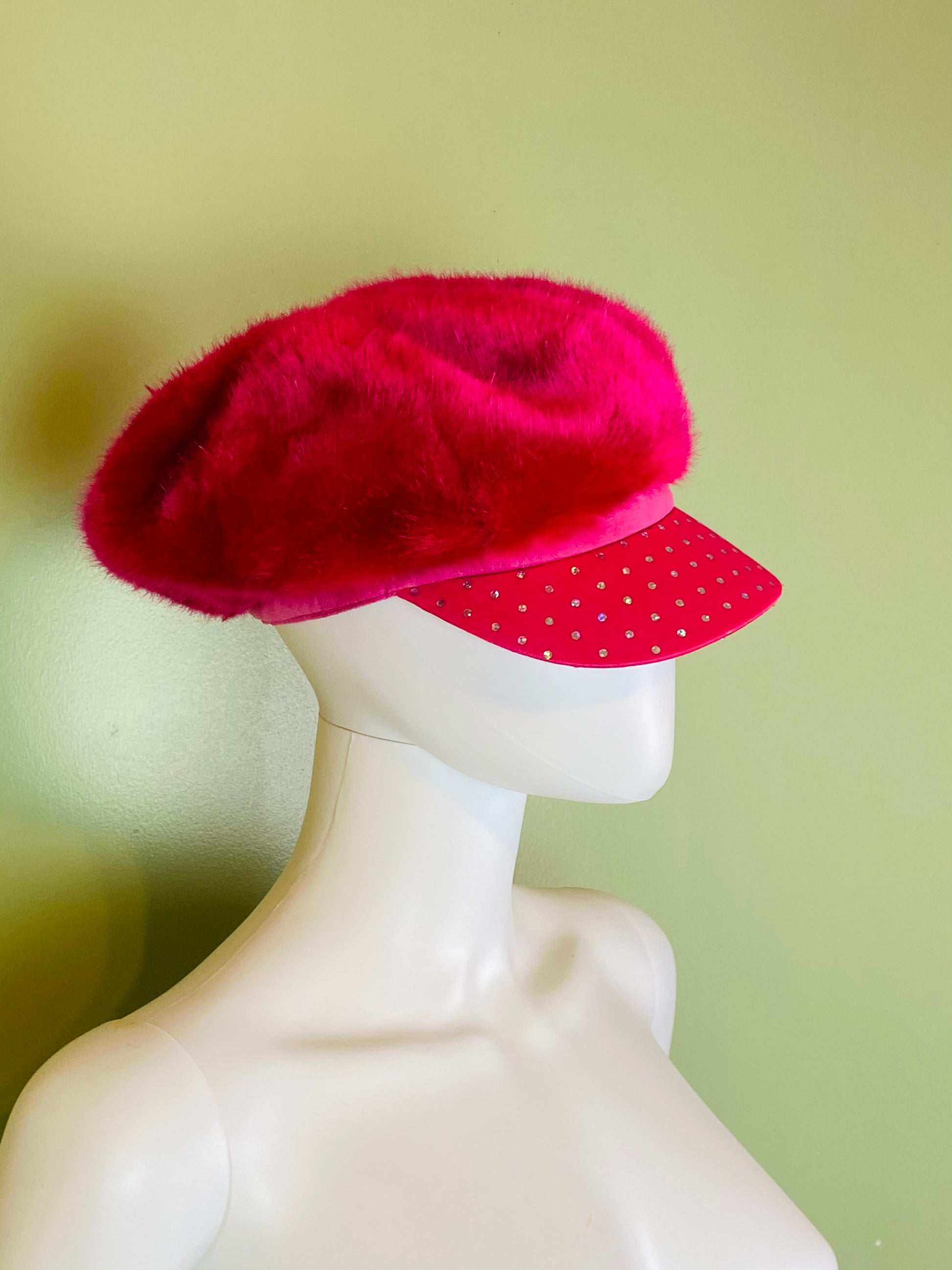 Hot Pink Faux Fur Bejeweled Rhinestone Cap Hat ABBY ESSIE Designer & Vintage