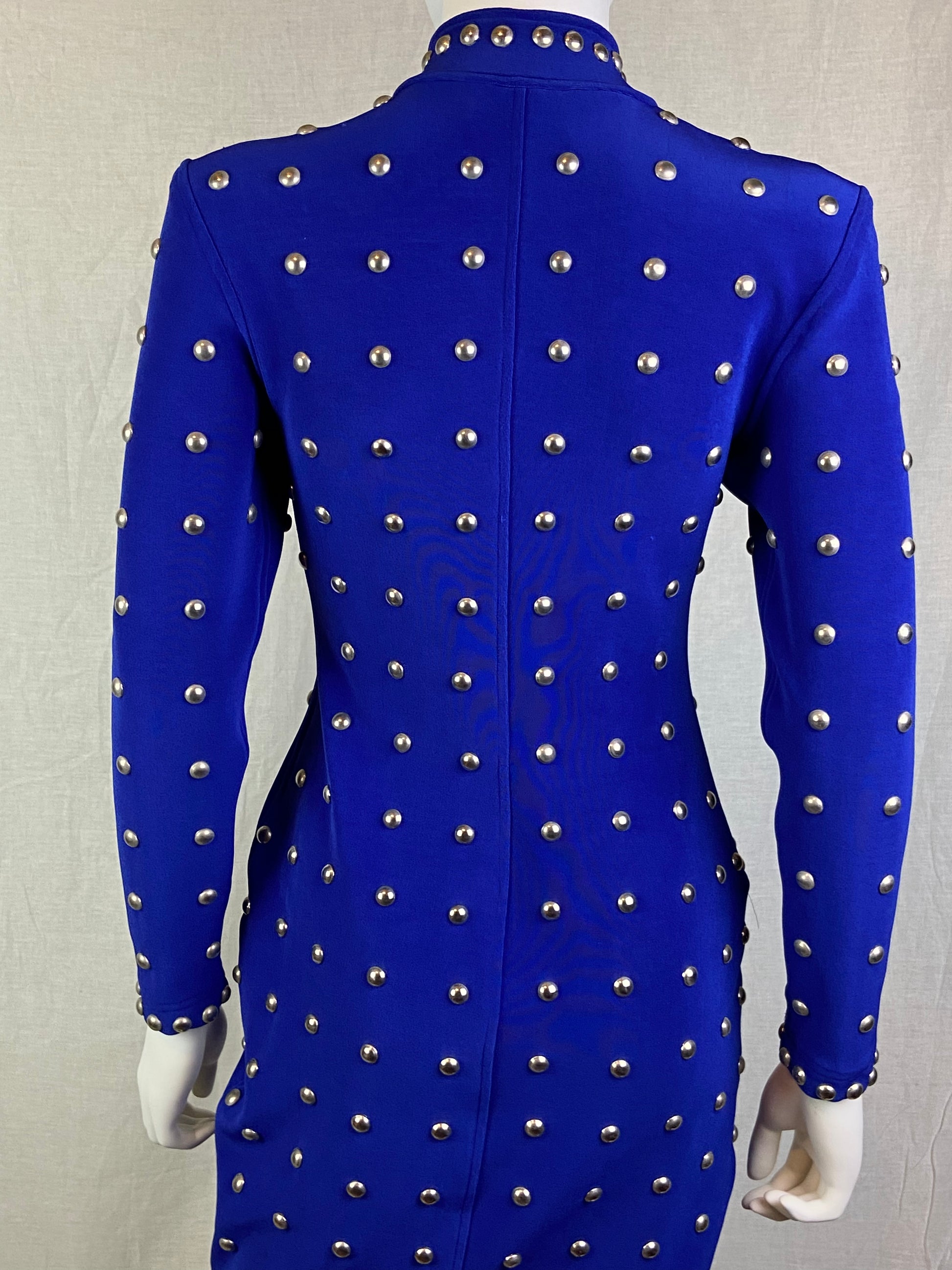 VINTAGE TADASHI ROYAL BLUE SILVER METAL STUDDED BODYCON DRESS ABBY ESSIE STUDIOS