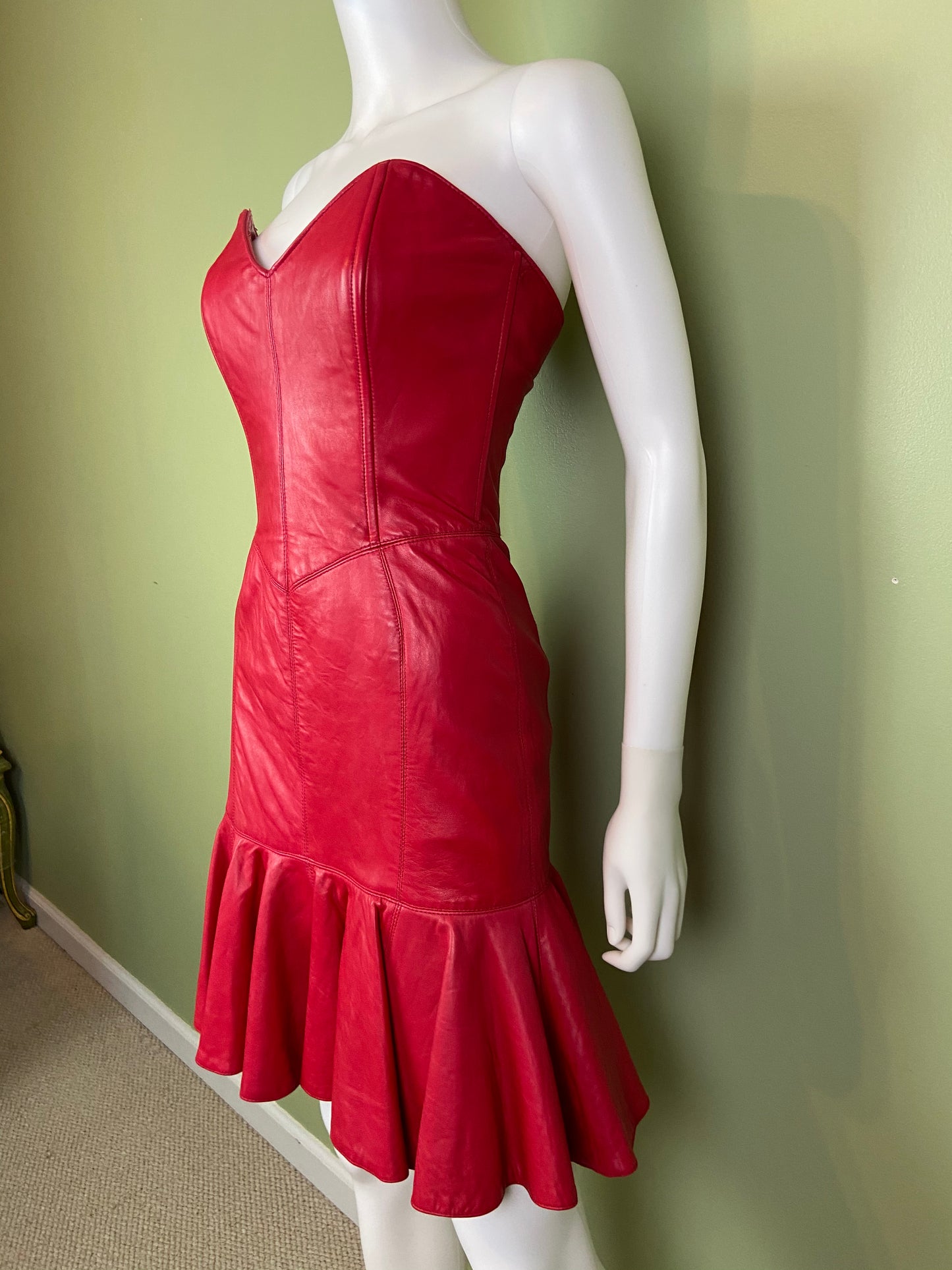 [SOLD] Vintage Michael Hoban Red Leather Bustier Ruffle Mini Dress