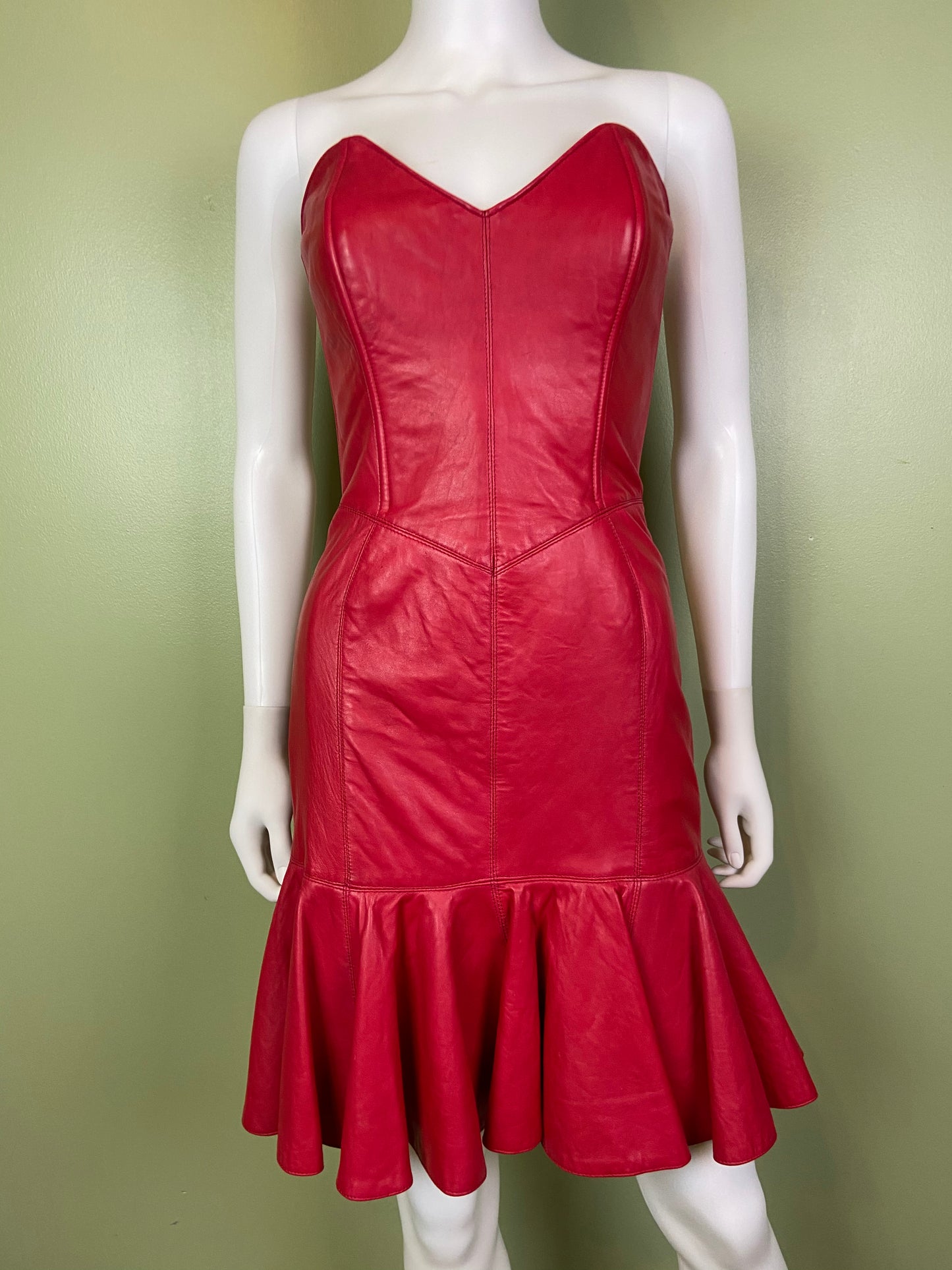 [SOLD] Vintage Michael Hoban Red Leather Bustier Ruffle Mini Dress