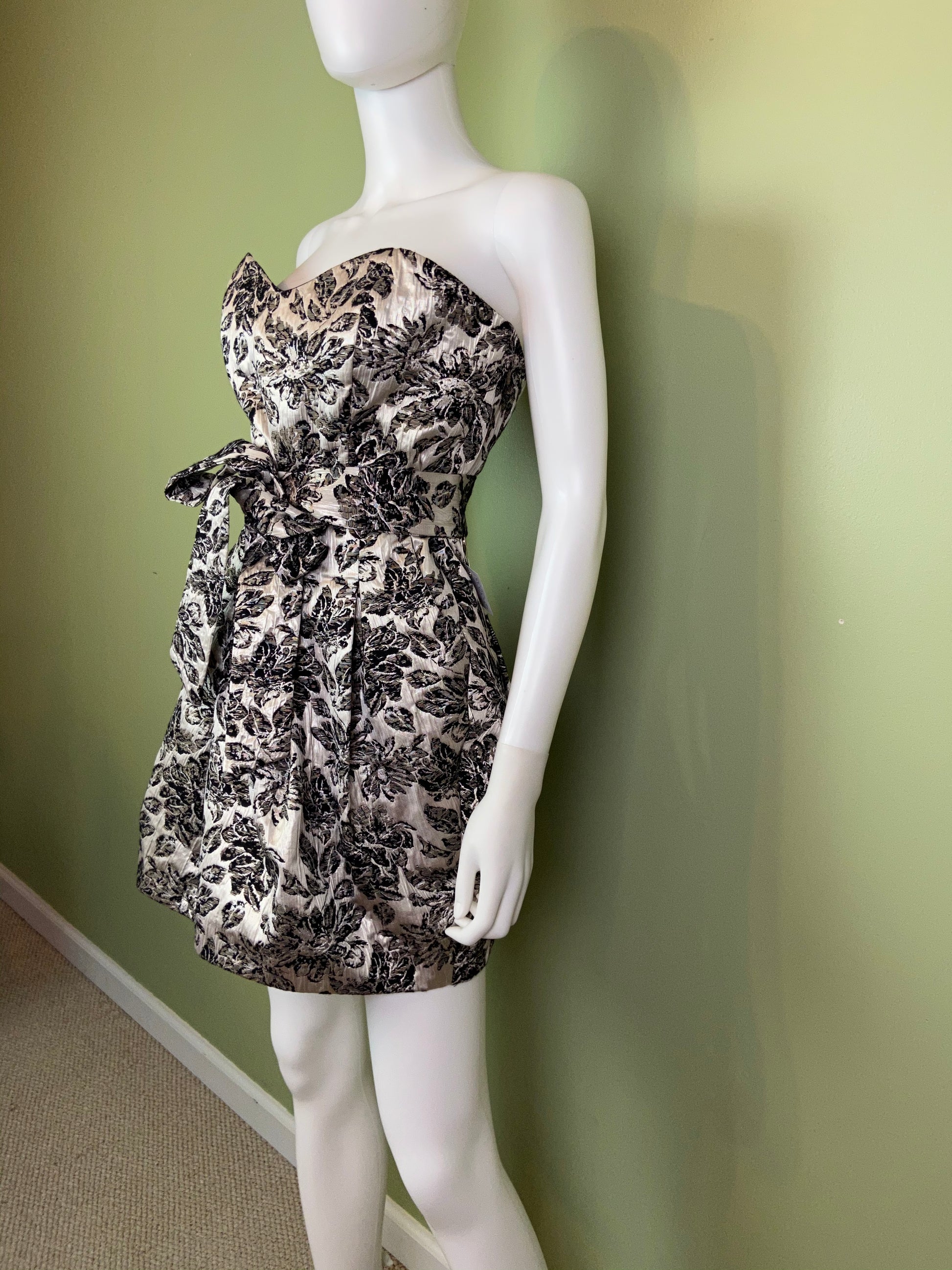 Silver Lame Black Floral Strapless Bustier Bubble Dress Abby Essie