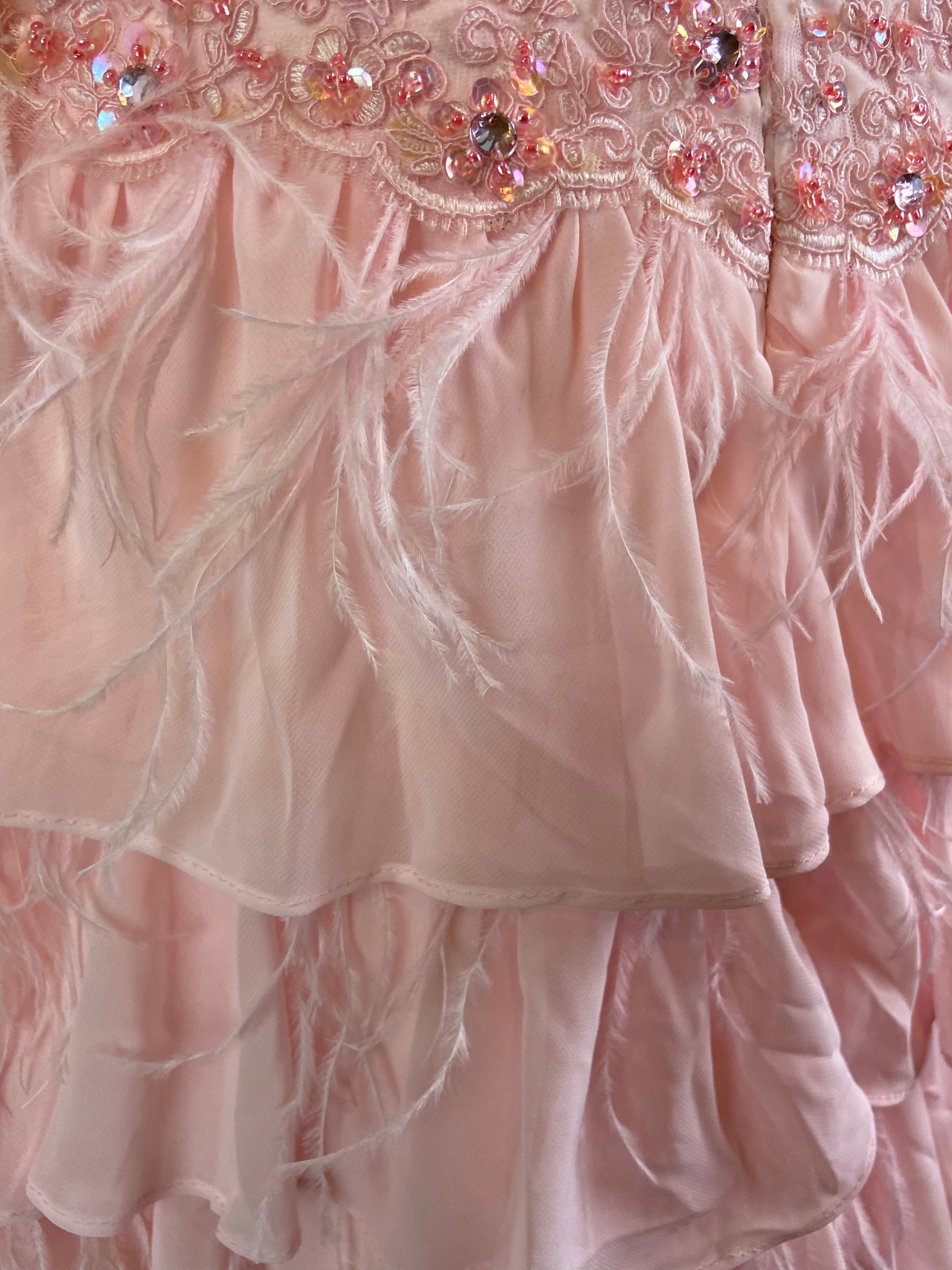 Pink Bustier Rhinestone Feather Boa Ruffle Gown ABBY ESSIE STUDIOS