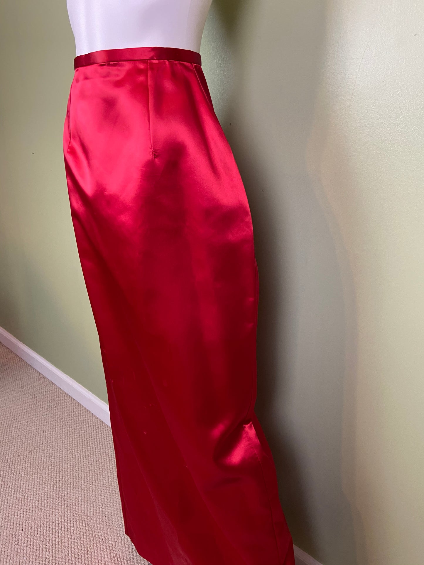 Long Red Satin Tuxedo Column Skirt ABBY ESSIE Designer & Vintage