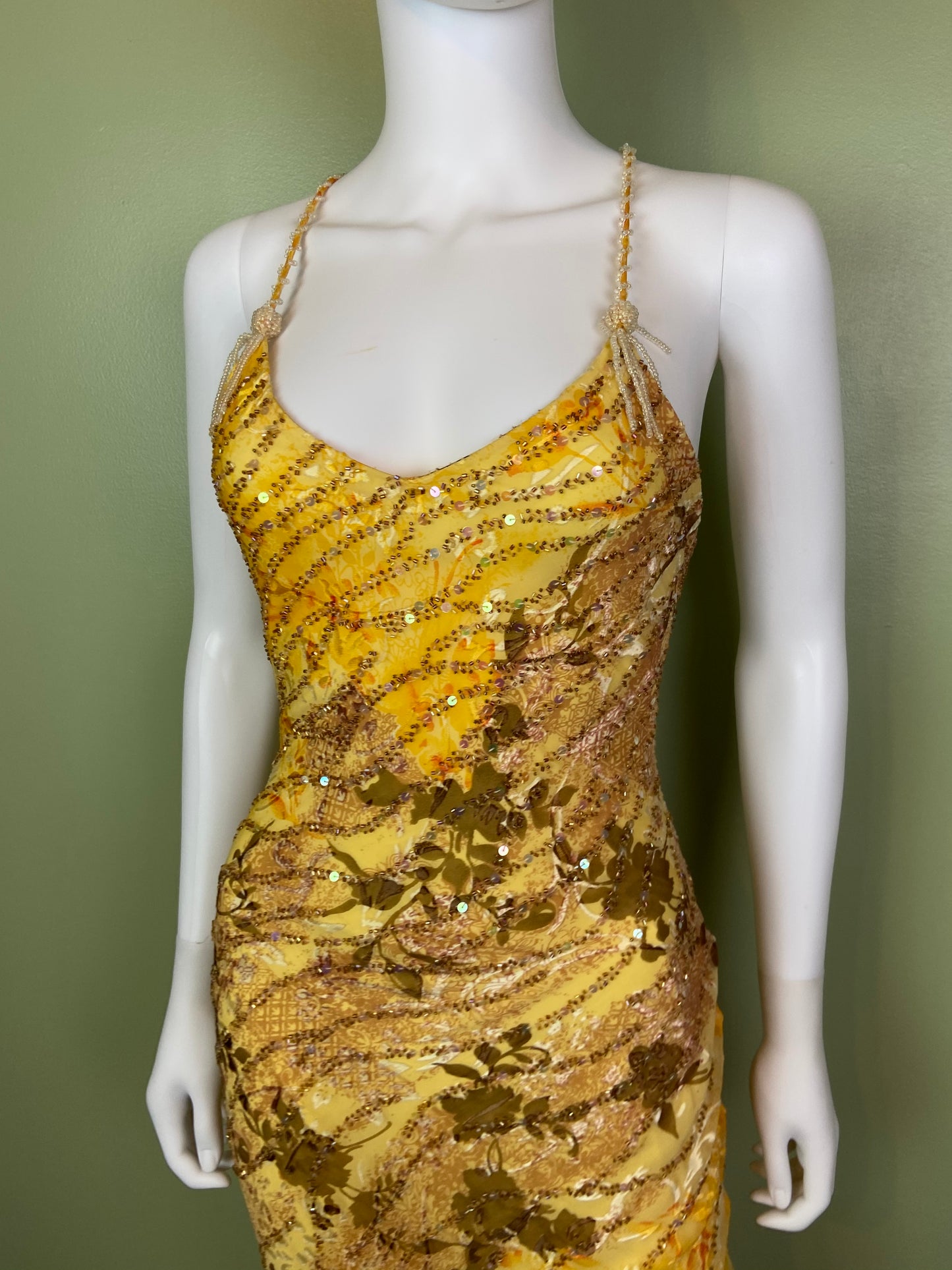 [SOLD] Ethereal Floral Festival Beaded Sequin Yellow Silk Maxi Dress