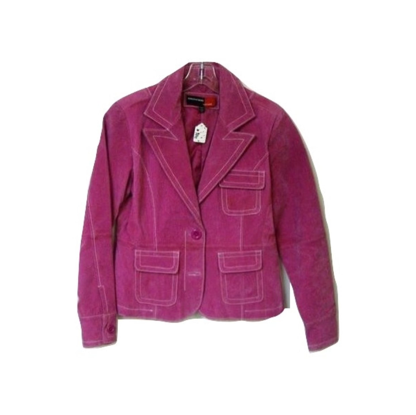 Hot Pink Leather Blazer Jacket White Stitching Wide Collar Sz Small
