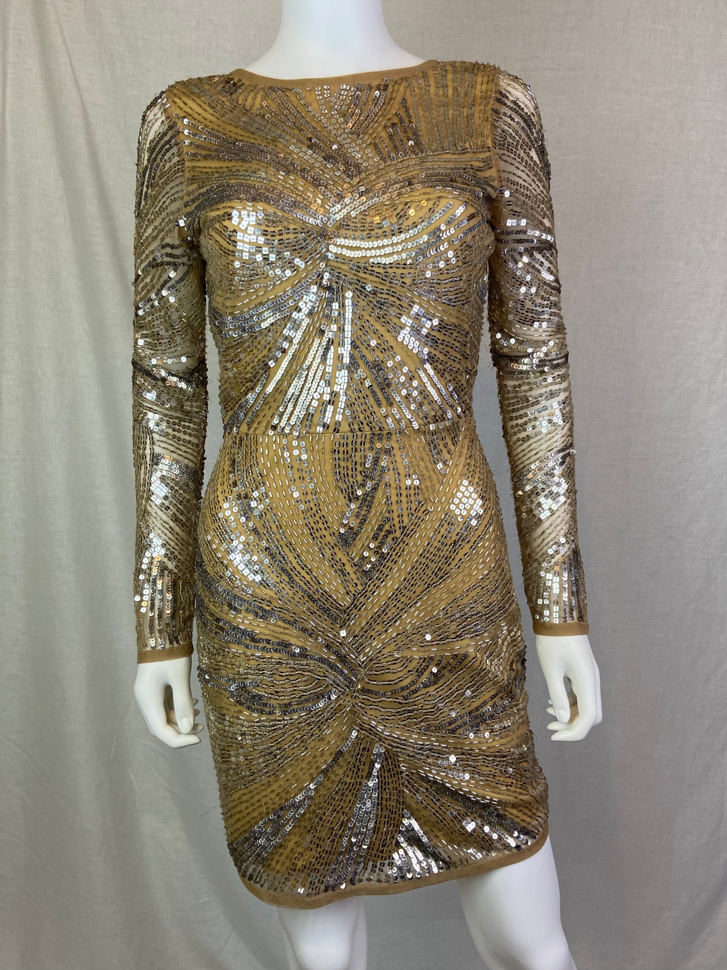 Venus Couture Beaded Beige Tan Cocktail Dress