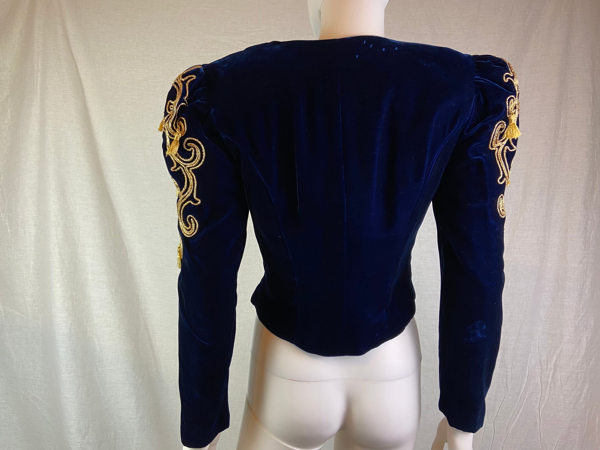 Farinae Navy Blue Velvet Gold Baroque Blazer Jacket ABBY ESSIE STUDIOS