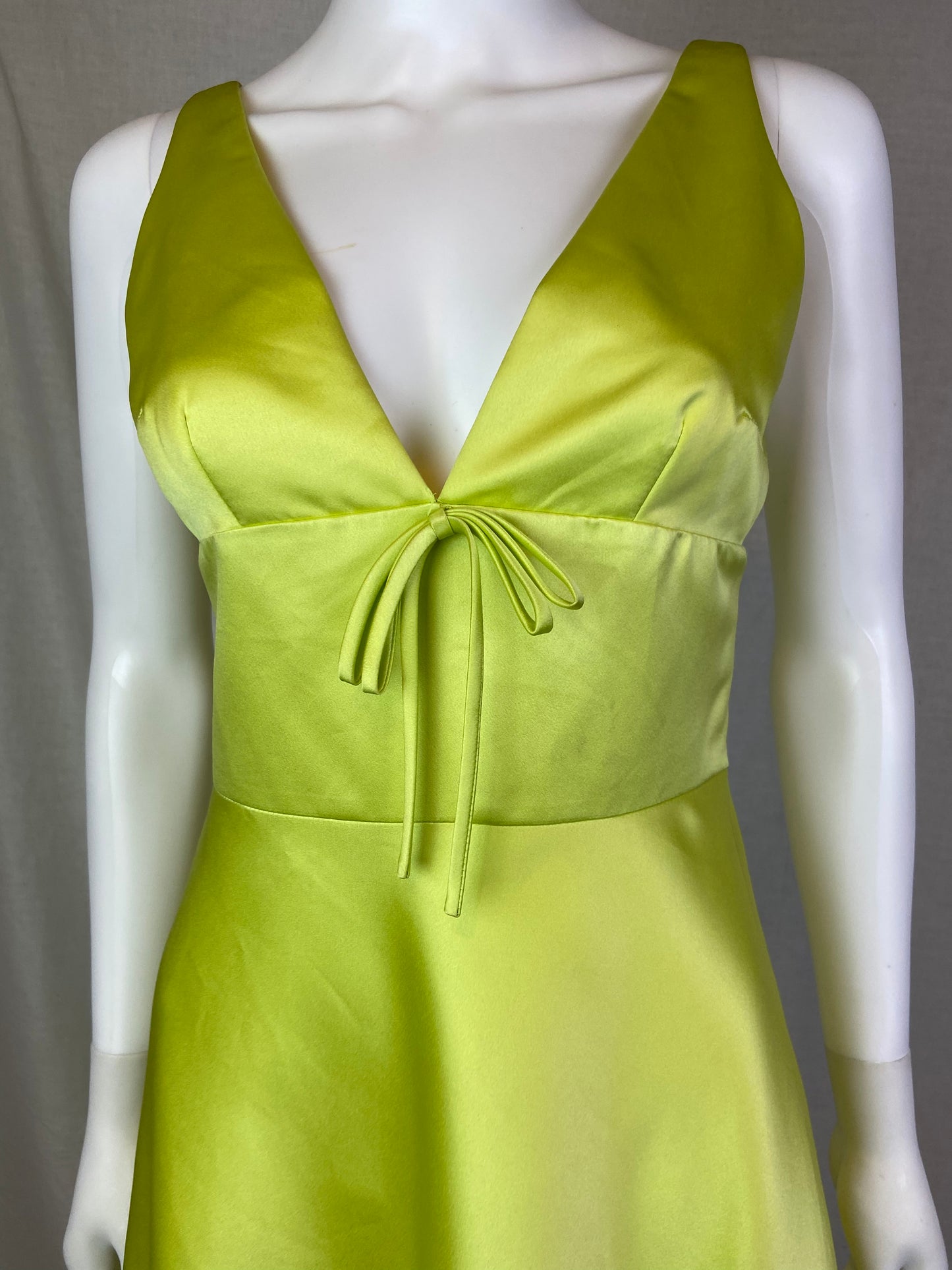 David Meister Lime Green Chartreuse Satin Plunge Dress ABBY ESSIE STUDIOS