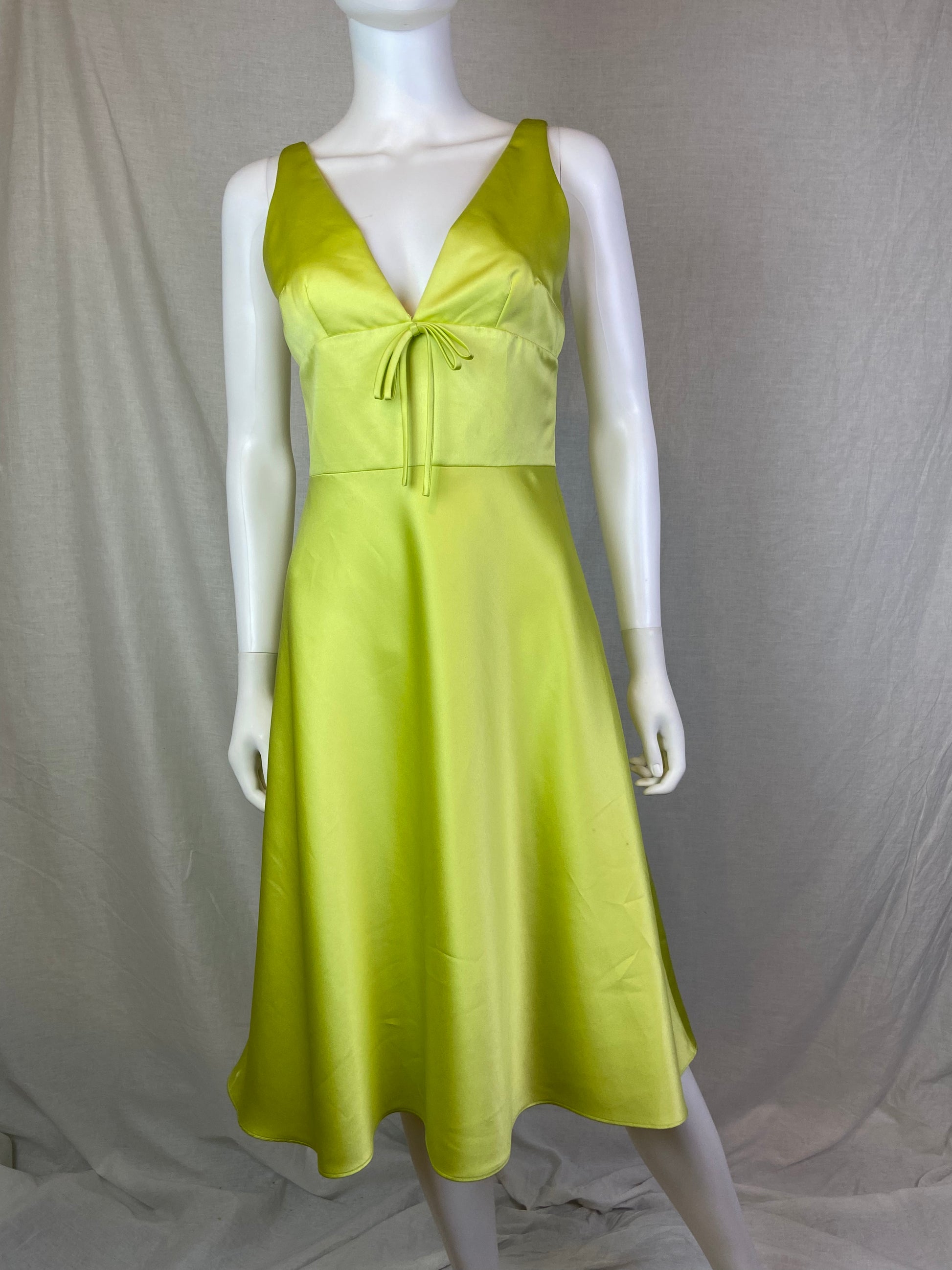 David Meister Lime Green Chartreuse Satin Plunge Dress ABBY ESSIE STUDIOS