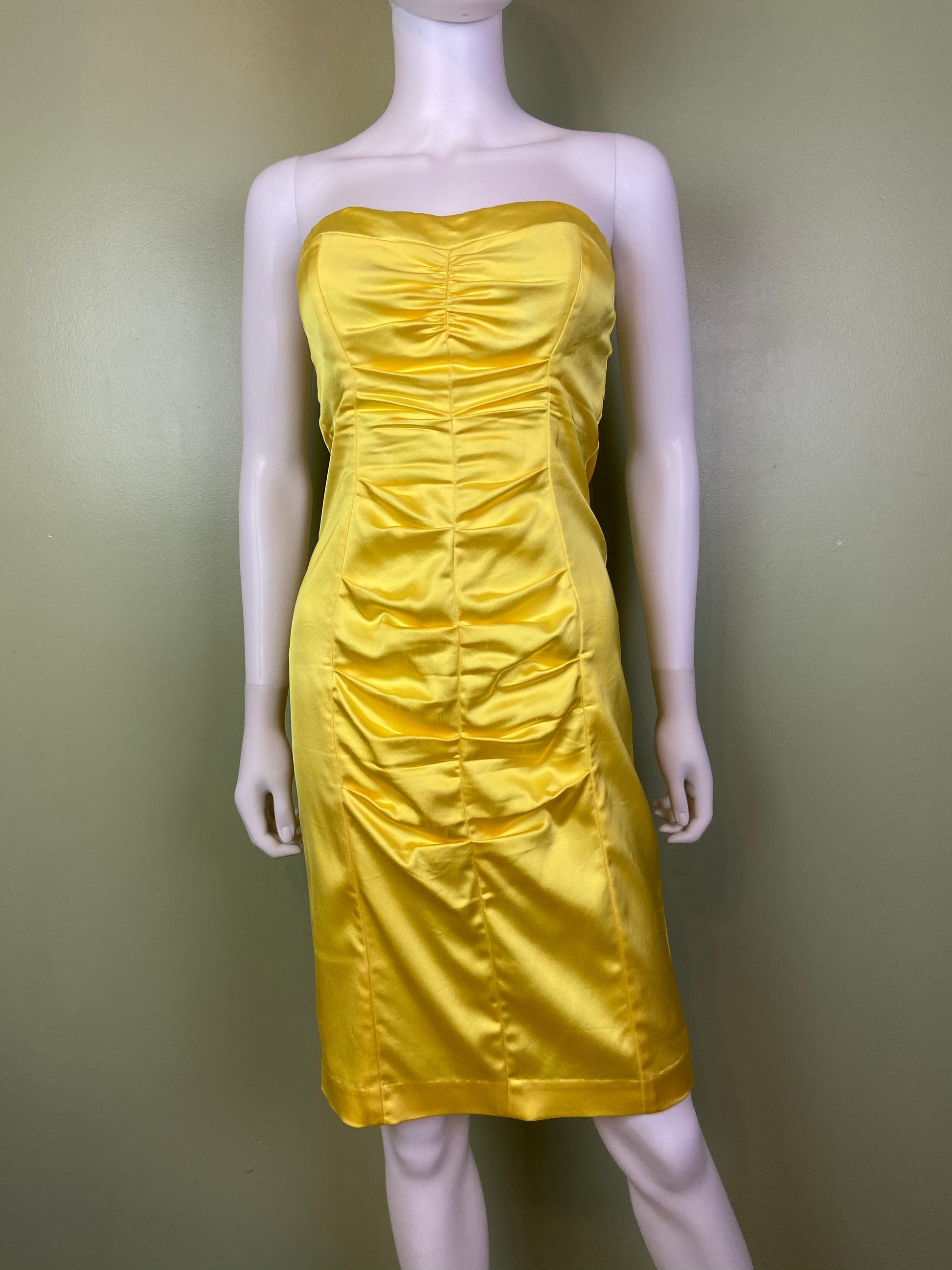 Cache Yellow Stretch Satin Ruche Corset Dress Abby Essie