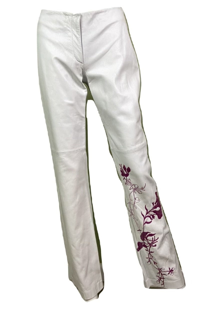 Vintage White Lambskin Leather Pink Graphic Print Pants