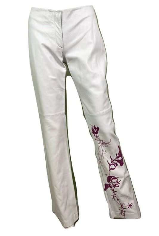 Vintage White Lambskin Leather Pink Graphic Print Pants Abby Essie