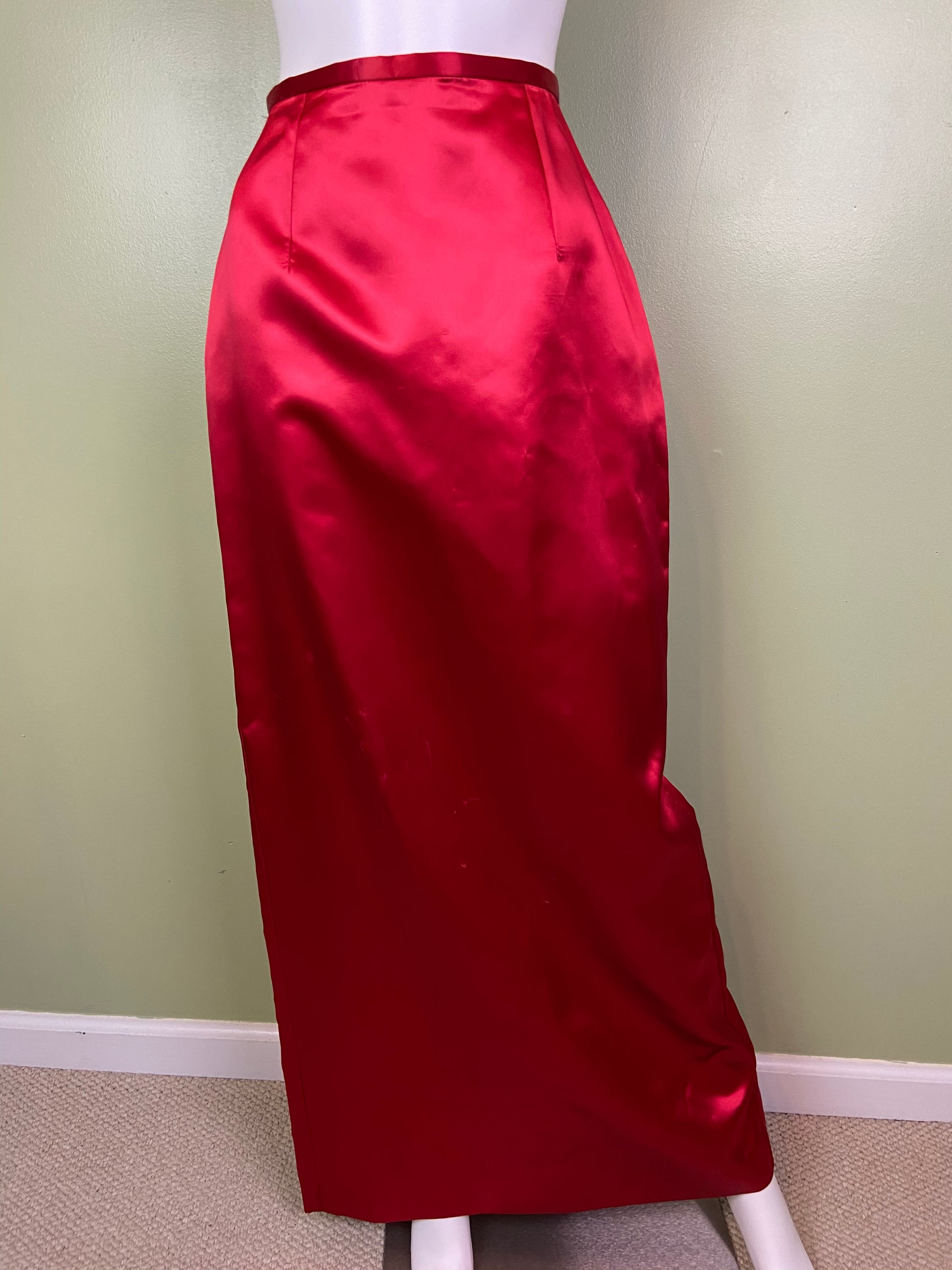 Long Red Satin Tuxedo Column Skirt ABBY ESSIE Designer & Vintage