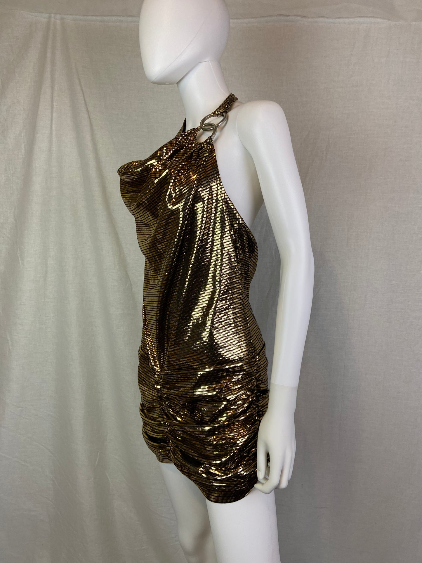 Vintage 80s Gold Lame Glitter Halter Ruche Cocktail Mini Dress