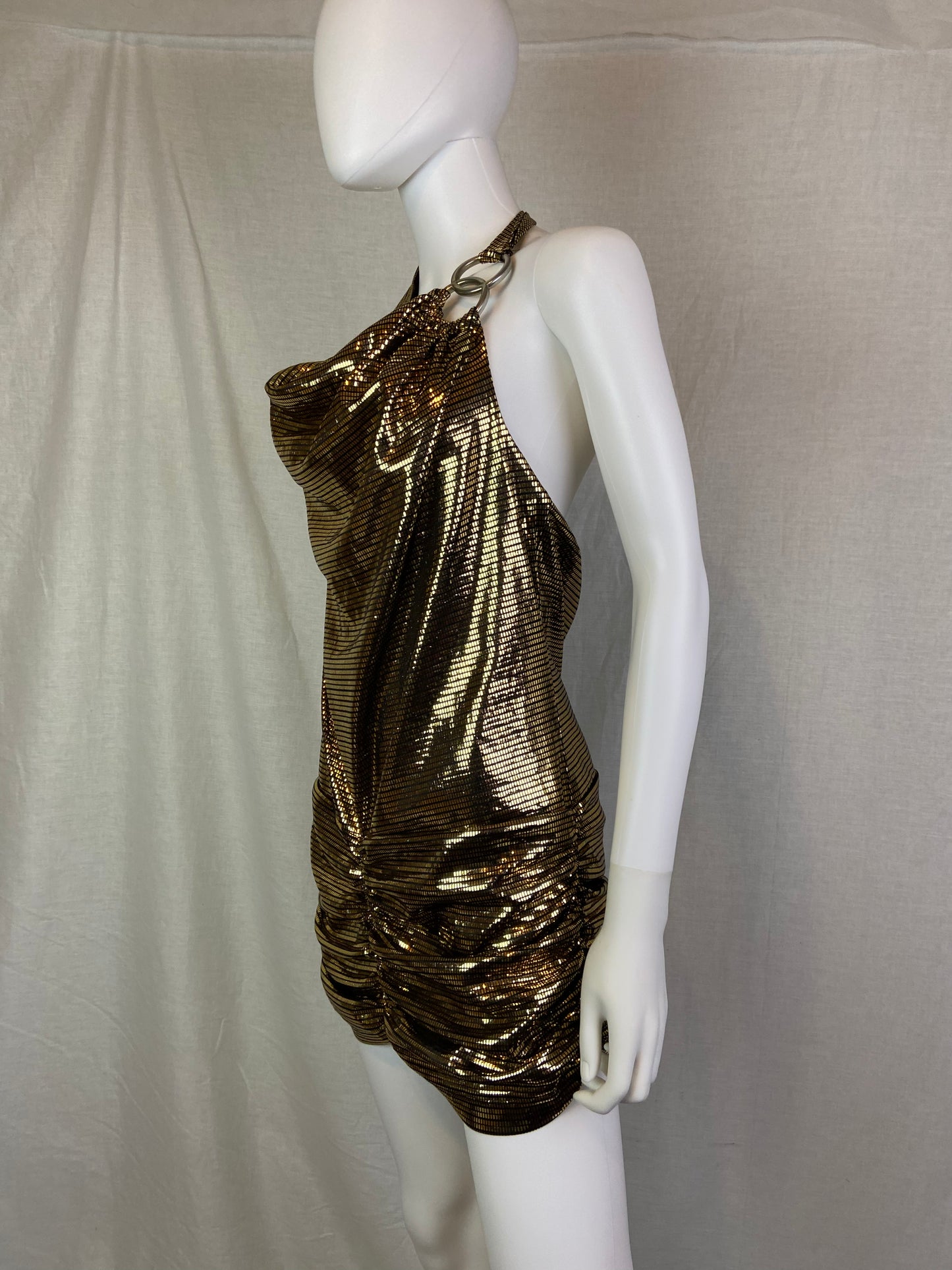 Vintage 80s Gold Lame Glitter Halter Ruche Cocktail Mini Dress ABBY ESSIE STUDIOS