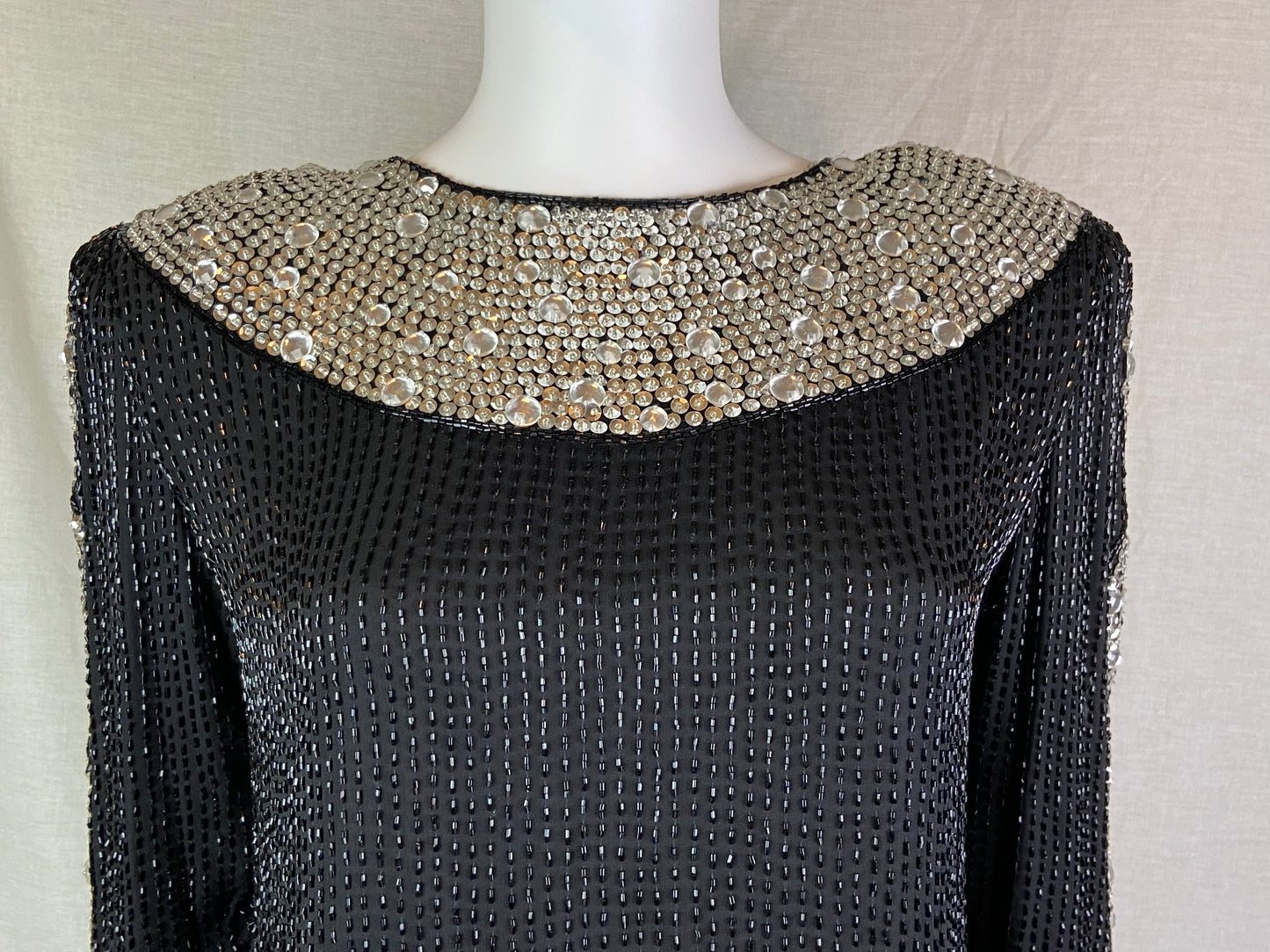 Oleg Cassini Black Silver Sequin Beaded Rhinestone Silk Top
