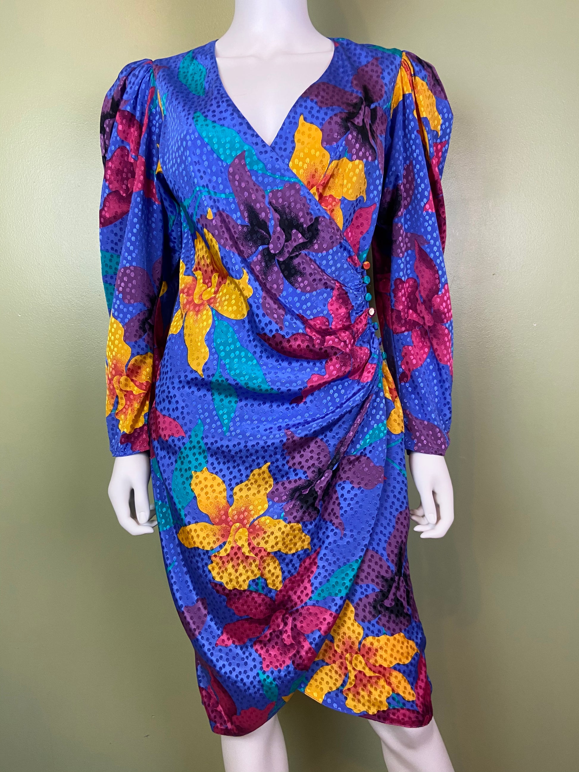 Vintage Silky Blue Floral Wrap Dress ABBY ESSIE Designer & Vintage