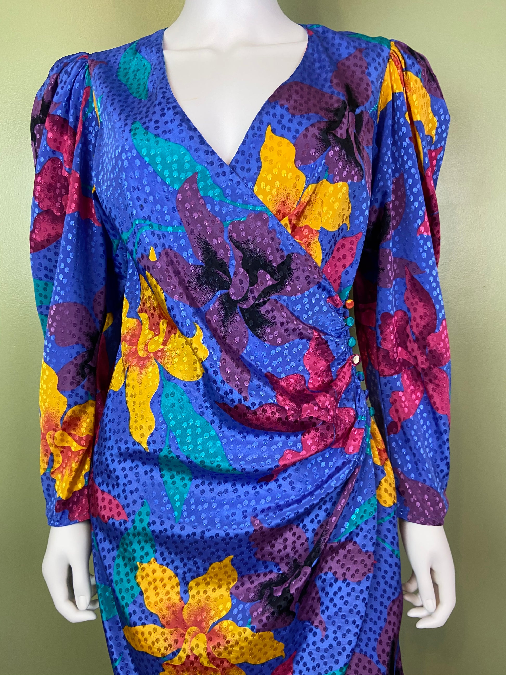 Vintage Silky Blue Floral Wrap Dress ABBY ESSIE Designer & Vintage