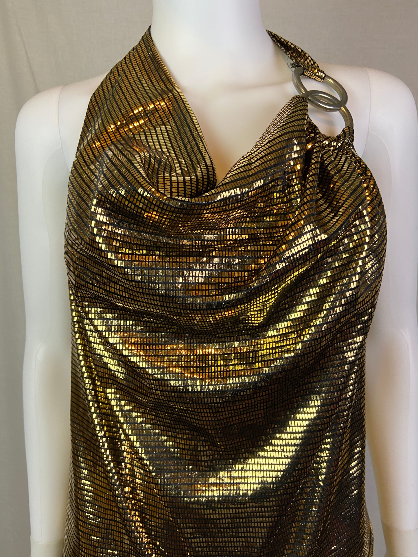 Vintage 80s Gold Lame Glitter Halter Ruche Cocktail Mini Dress