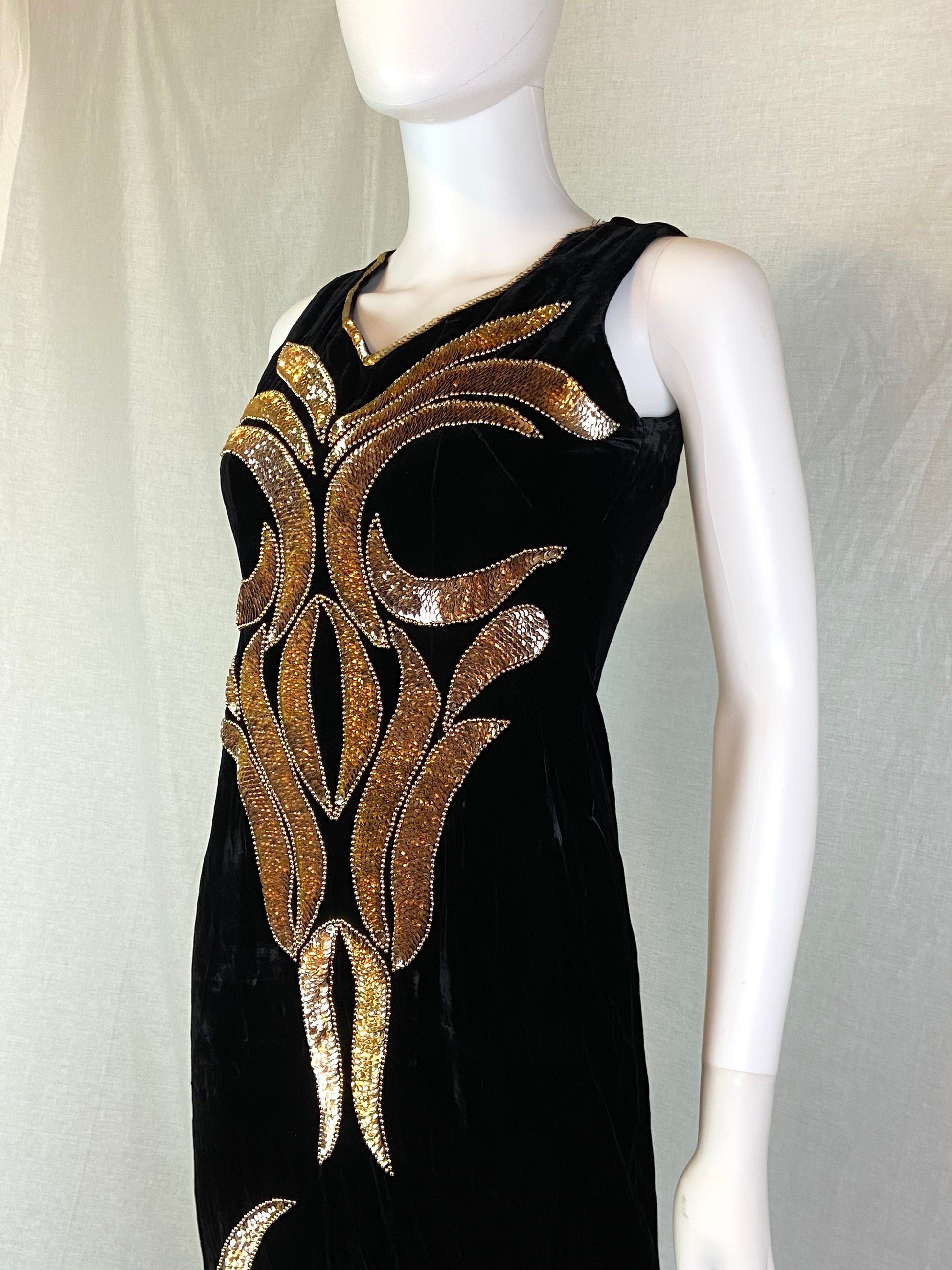 Vtg Black Velvet Gold Sequin Column Gown ABBY ESSIE STUDIOS