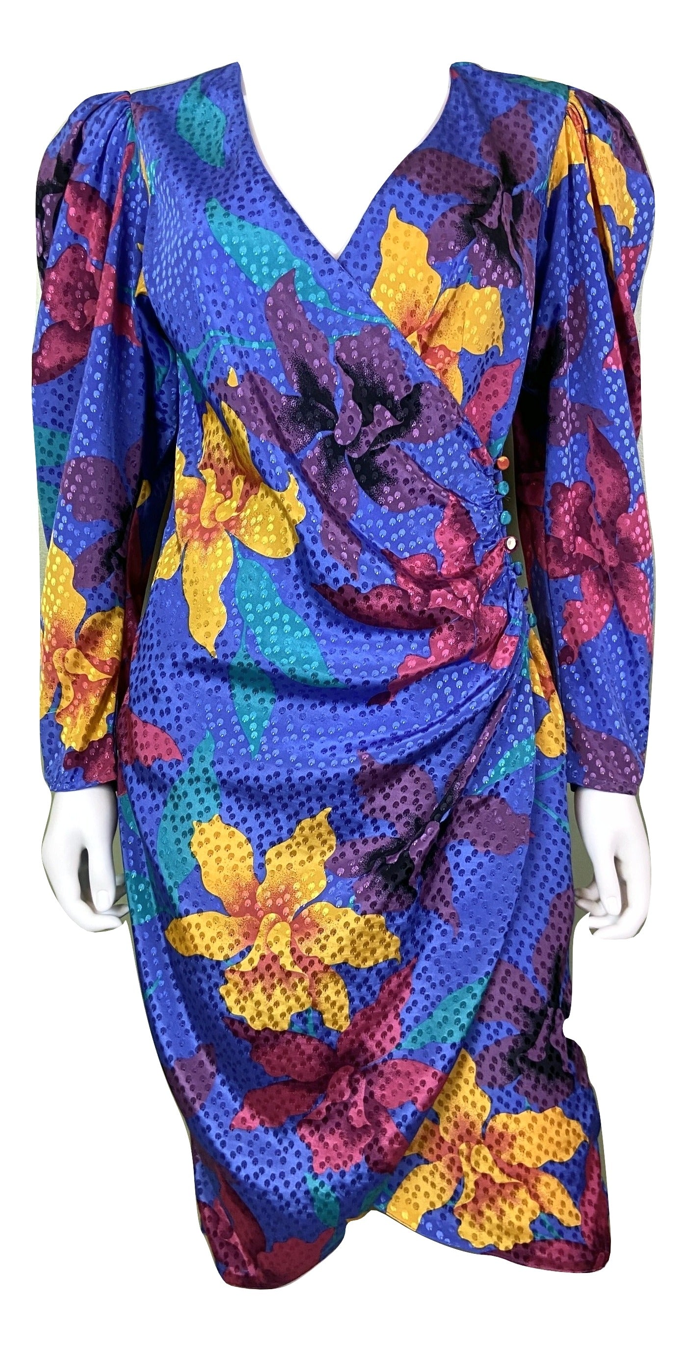 Vintage Silky Blue Floral Wrap Dress ABBY ESSIE Designer & Vintage