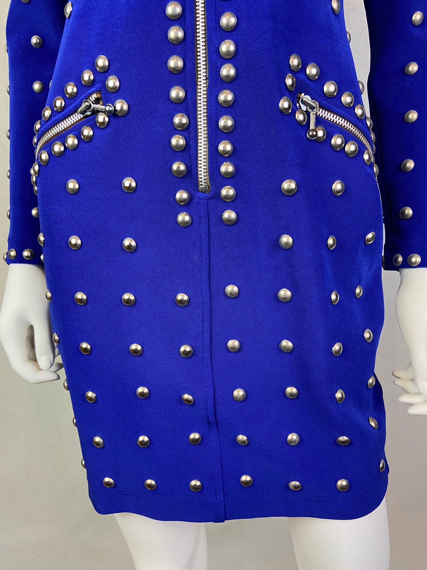 VINTAGE TADASHI ROYAL BLUE SILVER METAL STUDDED BODYCON DRESS