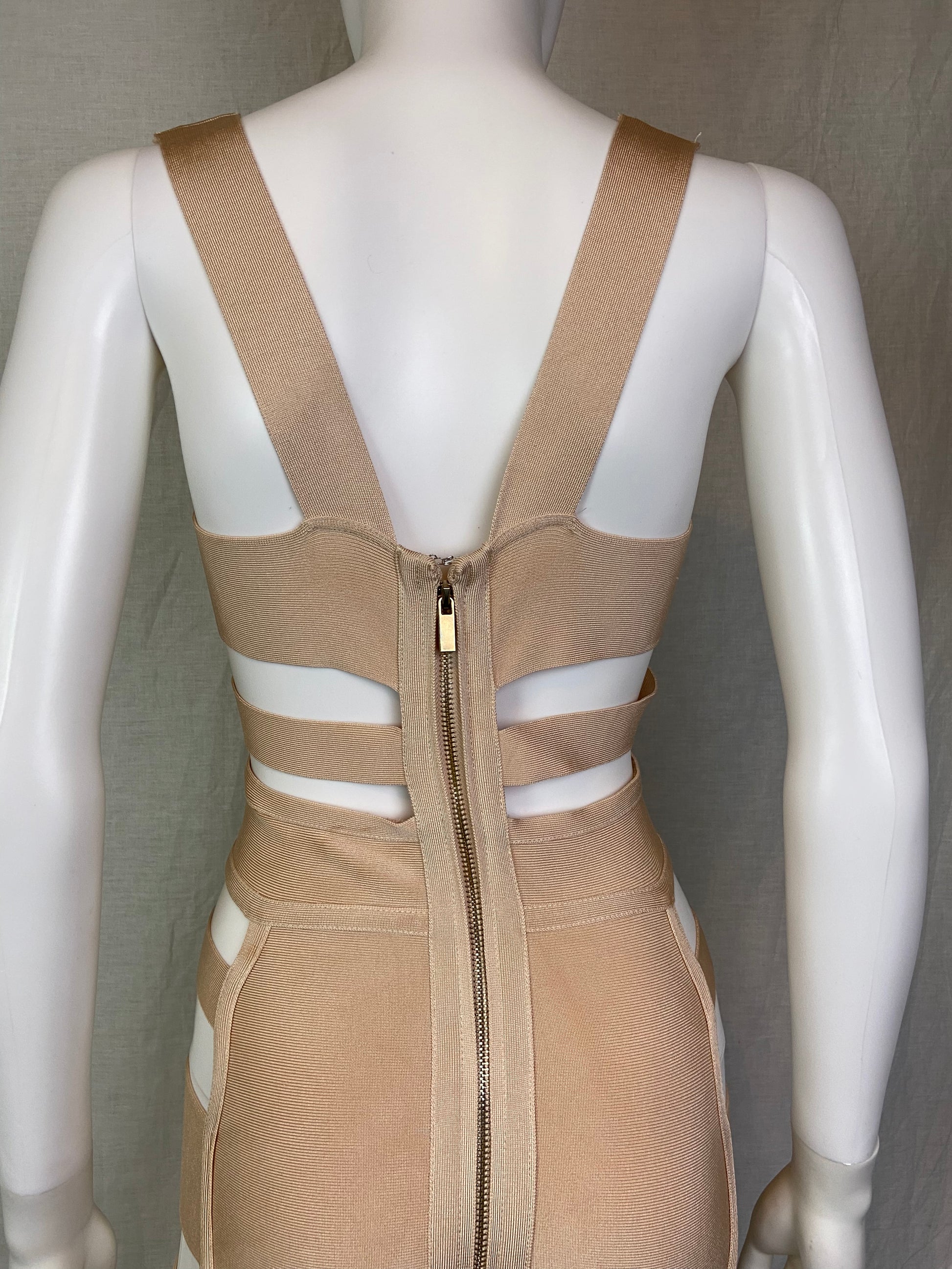 Herve Leger style Beige Plunge Cut Out Bandage Mini Dress ABBY ESSIE STUDIOS