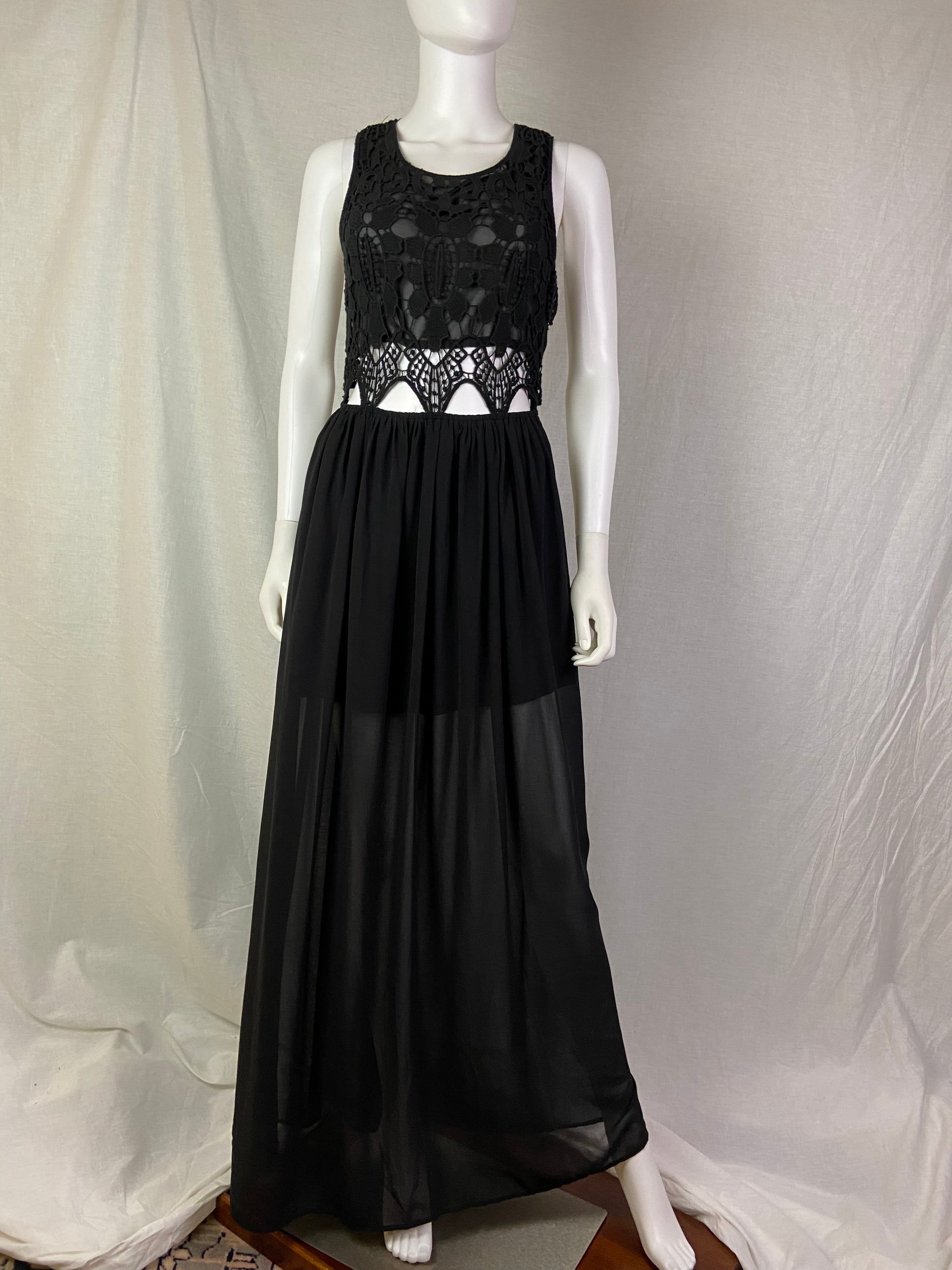 Deja Vu Black Crochet Sheer Maxi Dress ABBY ESSIE STUDIOS