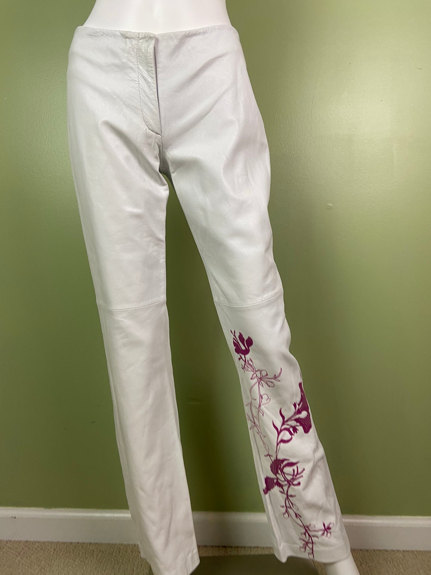 Vintage White Lambskin Leather Pink Graphic Print Pants